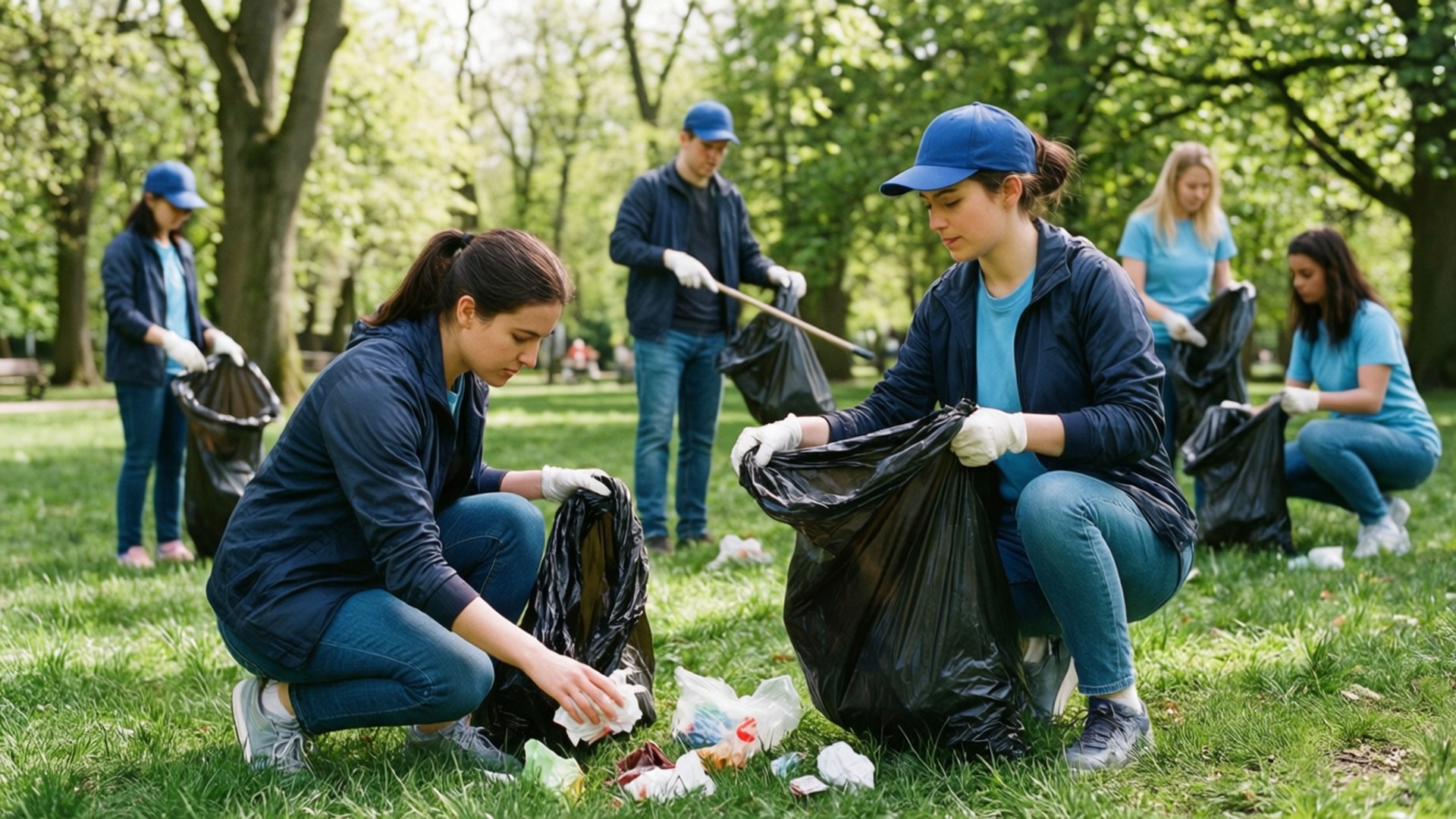 桌布 壁紙 — 義工們戴著藍色帽子和手套，在明亮的綠樹下從公園的草地上收集垃圾。