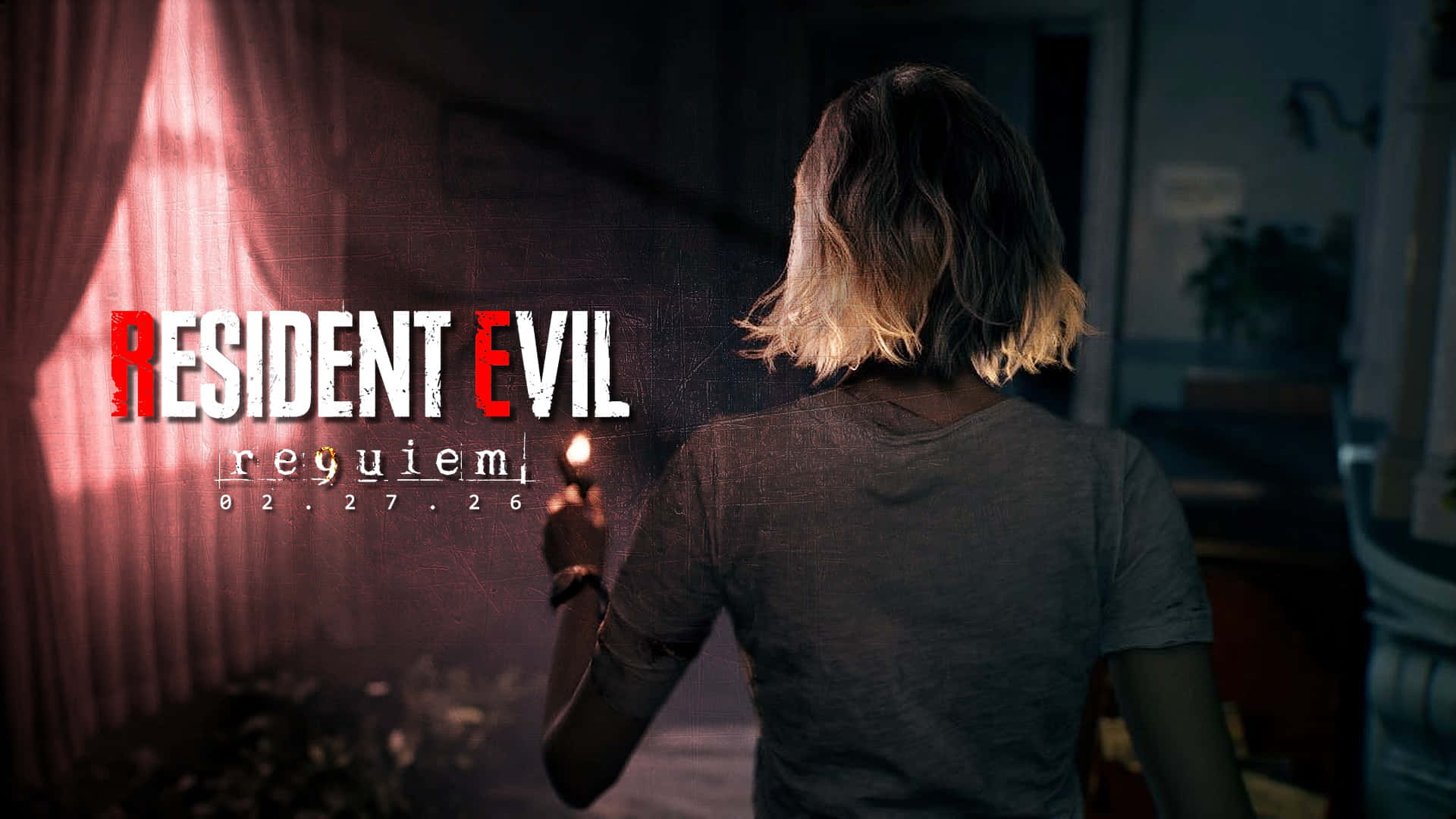  壁紙 — 一個短髮嘅人喺昏暗嘅房間入面，有紅色窗簾同Resident Evil Reguiem標誌，揸住一支點着咗嘅蠟燭。