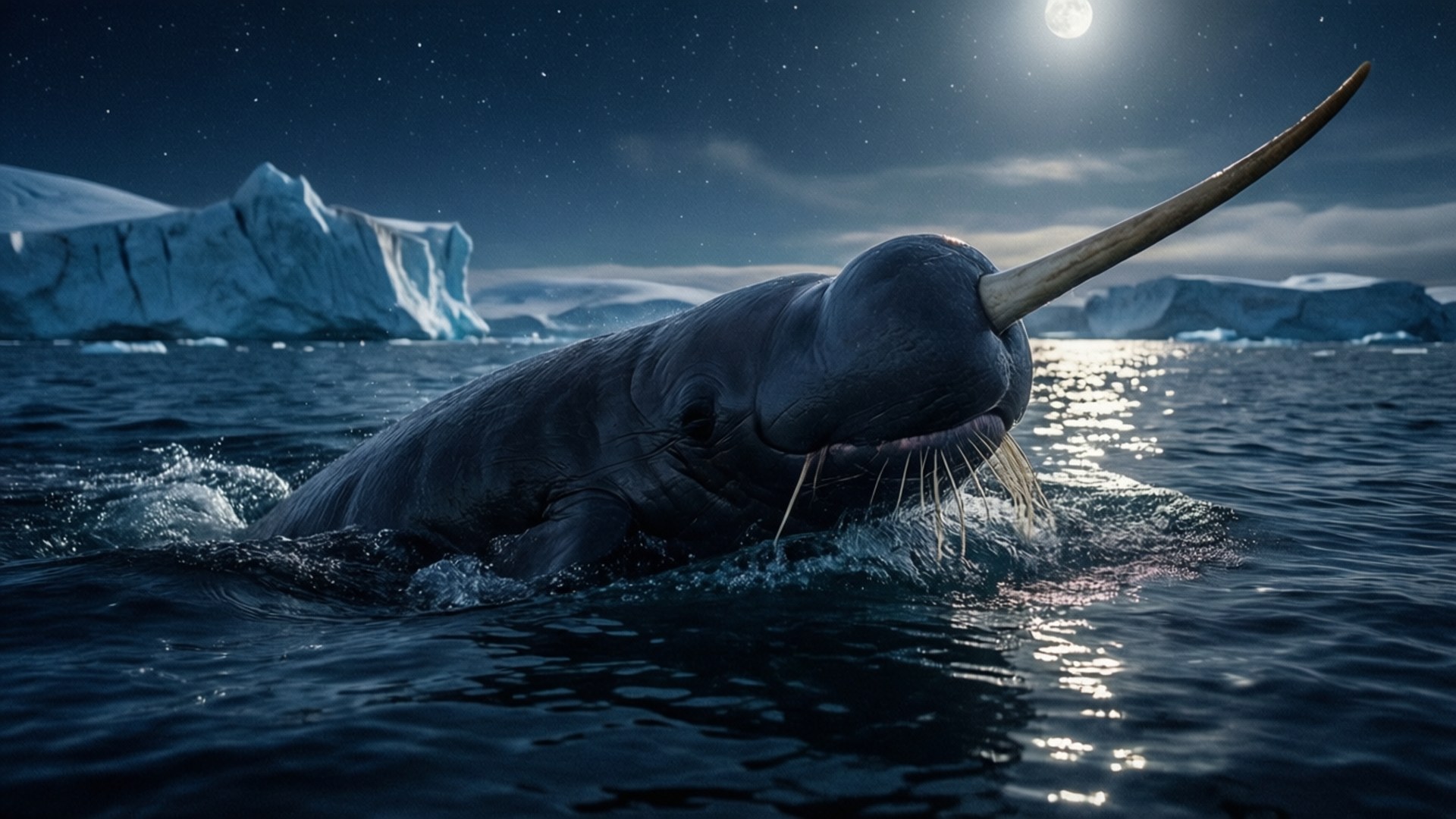 Cetaceans 桌布 壁紙 — 一角鯨在明亮的月光下突破冰冷的北極水域，背景有冰山。
