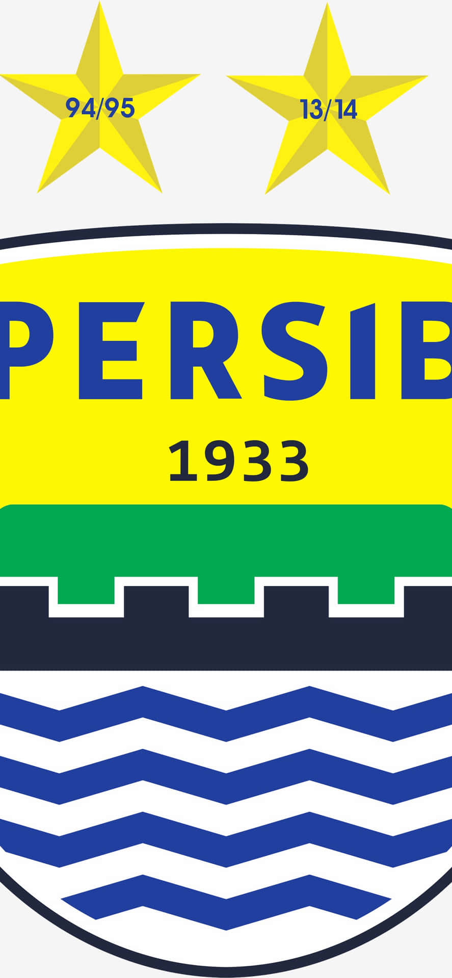  壁紙 — 一個大膽的Persib足球會徽章，帶有黃色星星、藍色文字、綠色和藍色波浪條紋，背景為白色。