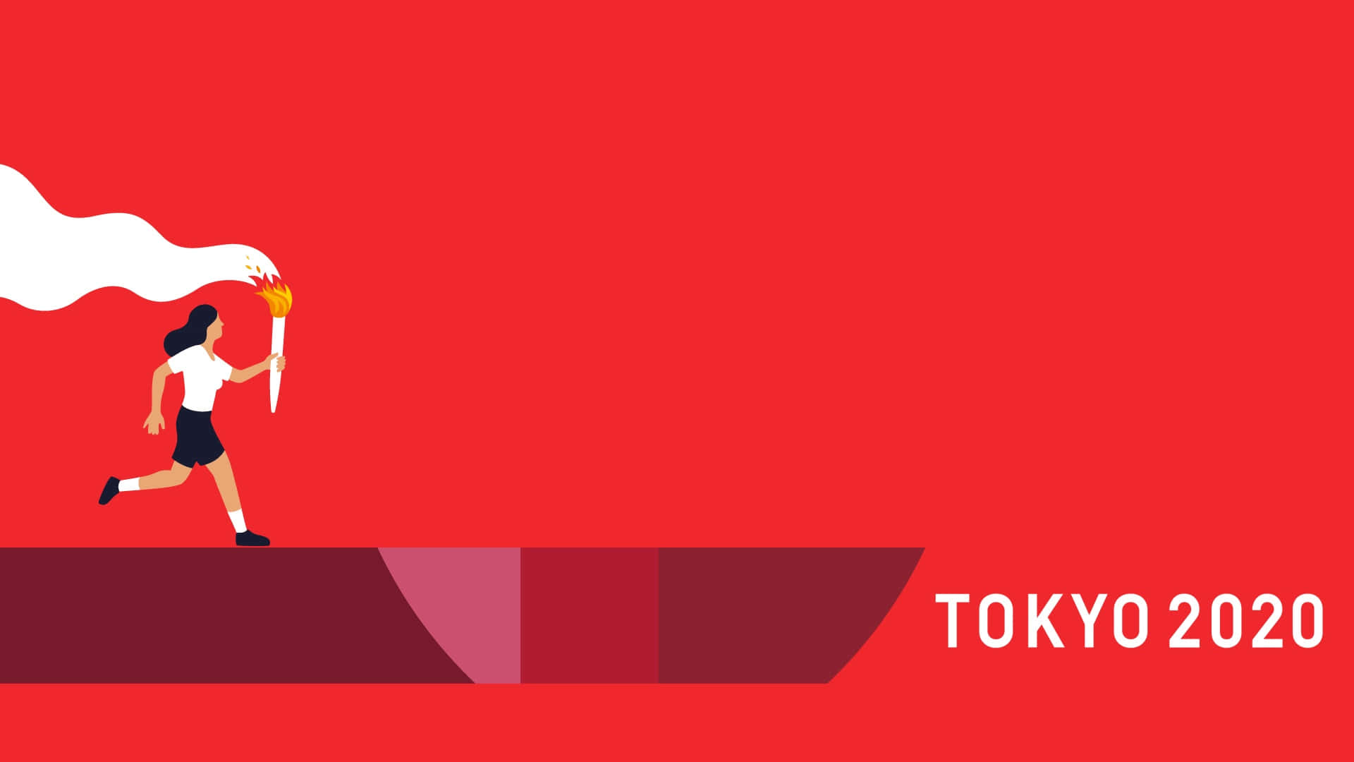 跑者手持奧運火炬，煙霧拖尾，背景為紅色，帶有東京2020文字。
