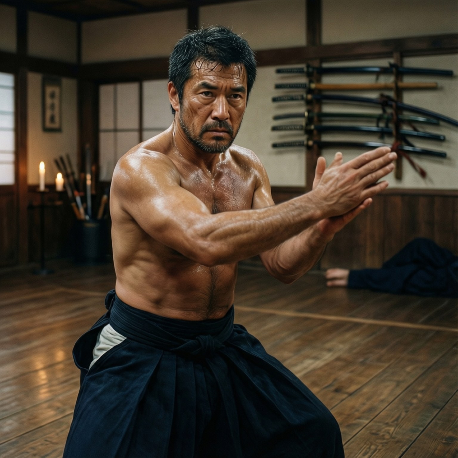 道場中赤裸上身的武術家，牆上有刀劍。