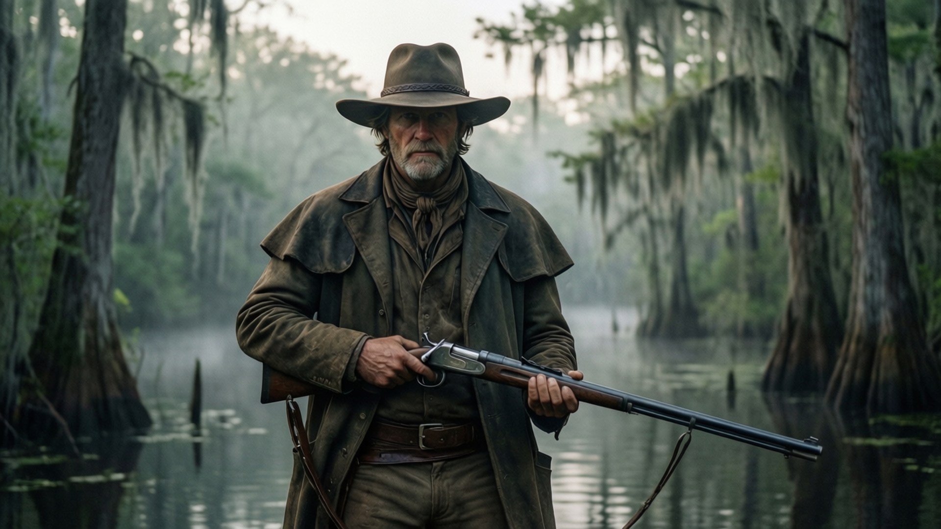 Hunt: Showdown 桌布 壁紙 — 一個戴著寬邊帽的粗獷男人，在霧氣瀰漫的沼澤中手持步槍，周圍是掛滿西班牙苔蘚的柏樹。