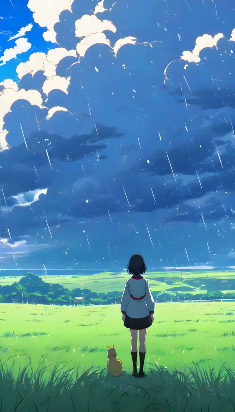  壁紙 — 一個孤獨的女孩穿著校服，站在充滿活力的綠色田野上，天空戲劇性地下著雨，有蓬鬆的雲朵和落下的雨。
