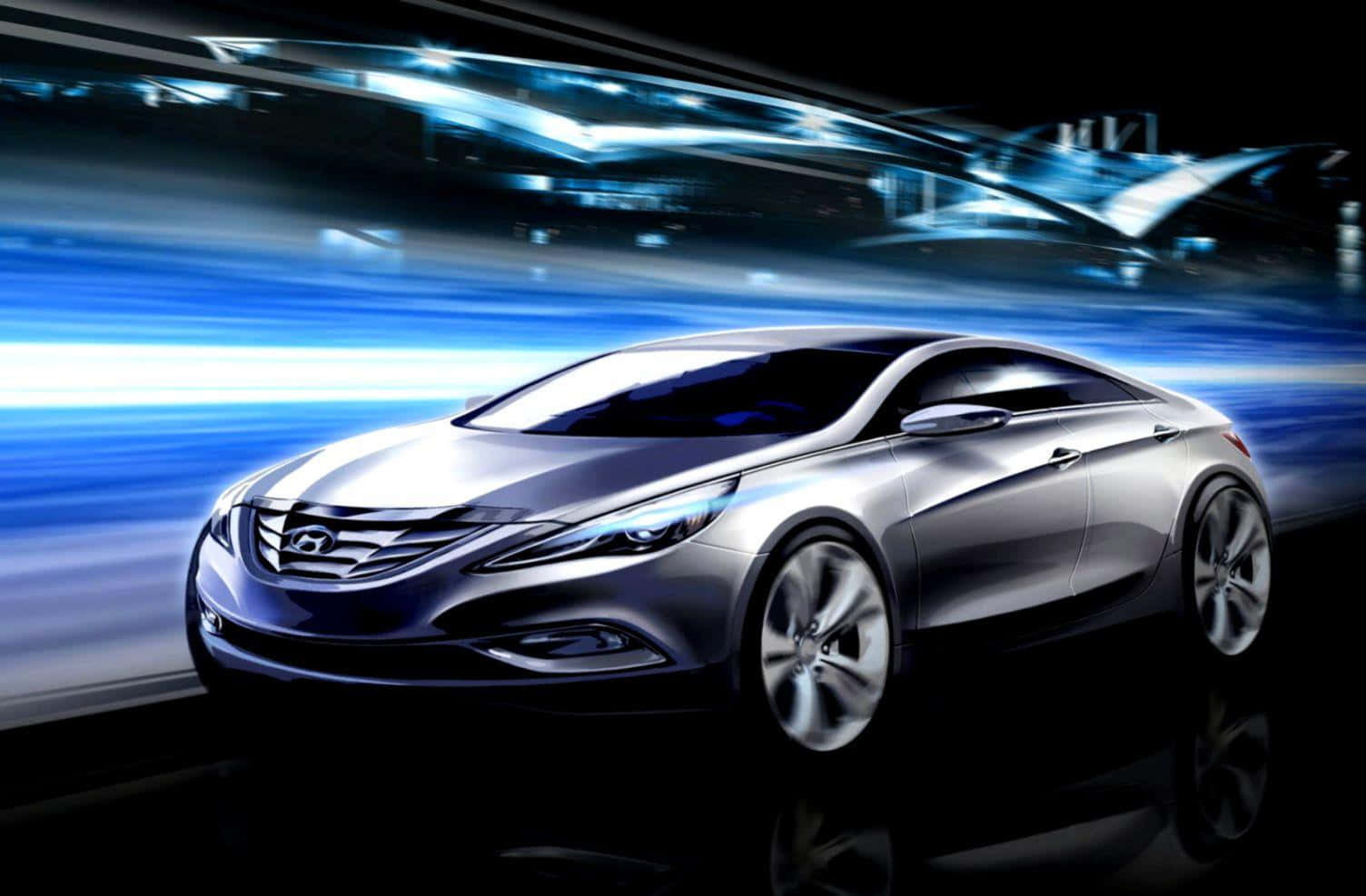 Hyundai Sonata 桌布 壁紙 — 一架流線型銀色跑車在未來城市景觀中疾馳，帶有藍色動態模糊條紋。