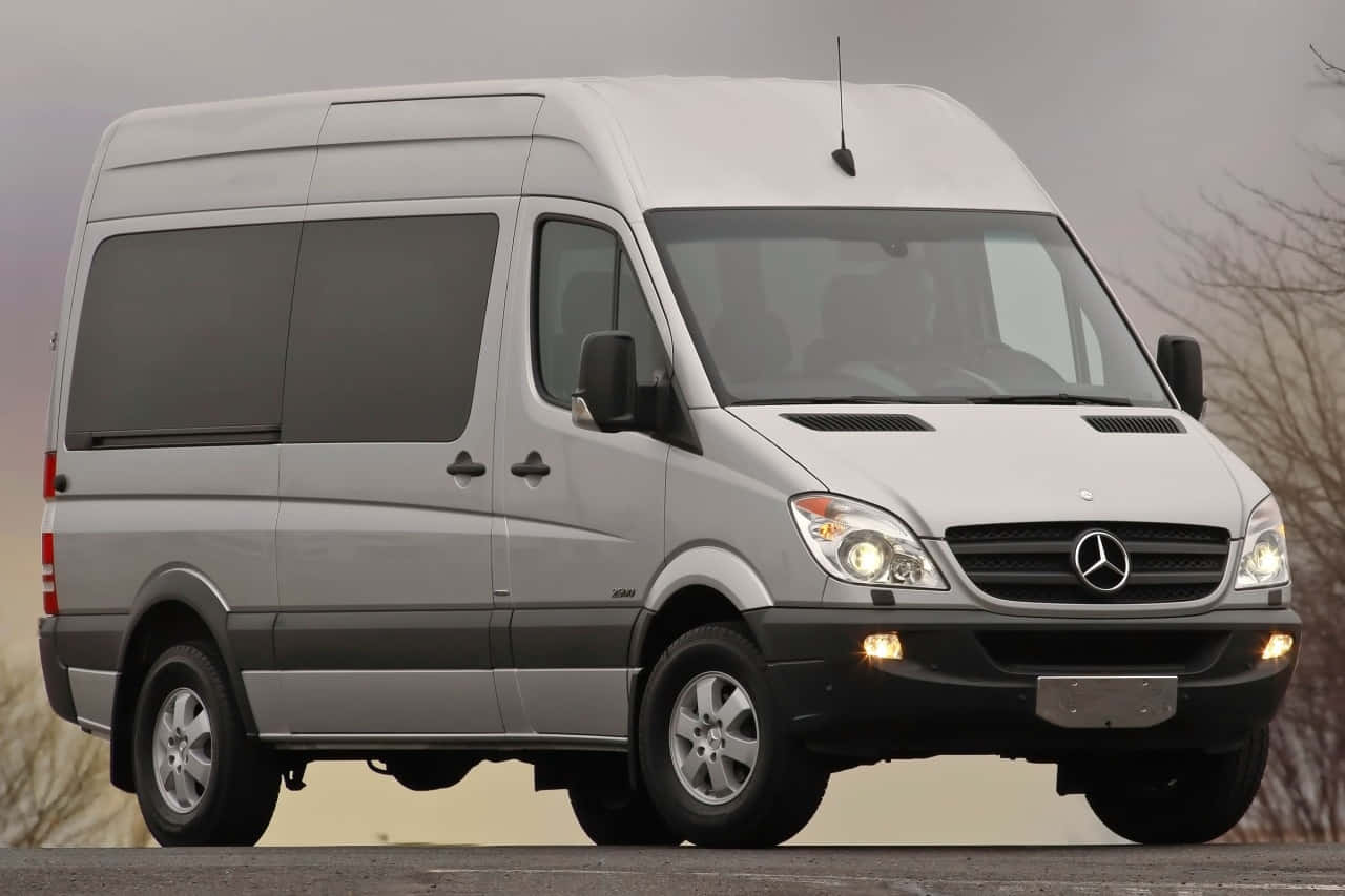 Mercedes Benz Sprinter 桌布 壁紙 — 一輛銀色 Mercedes-Benz Sprinter 客貨車停在瀝青路上，背景有光禿的樹木和陰天。