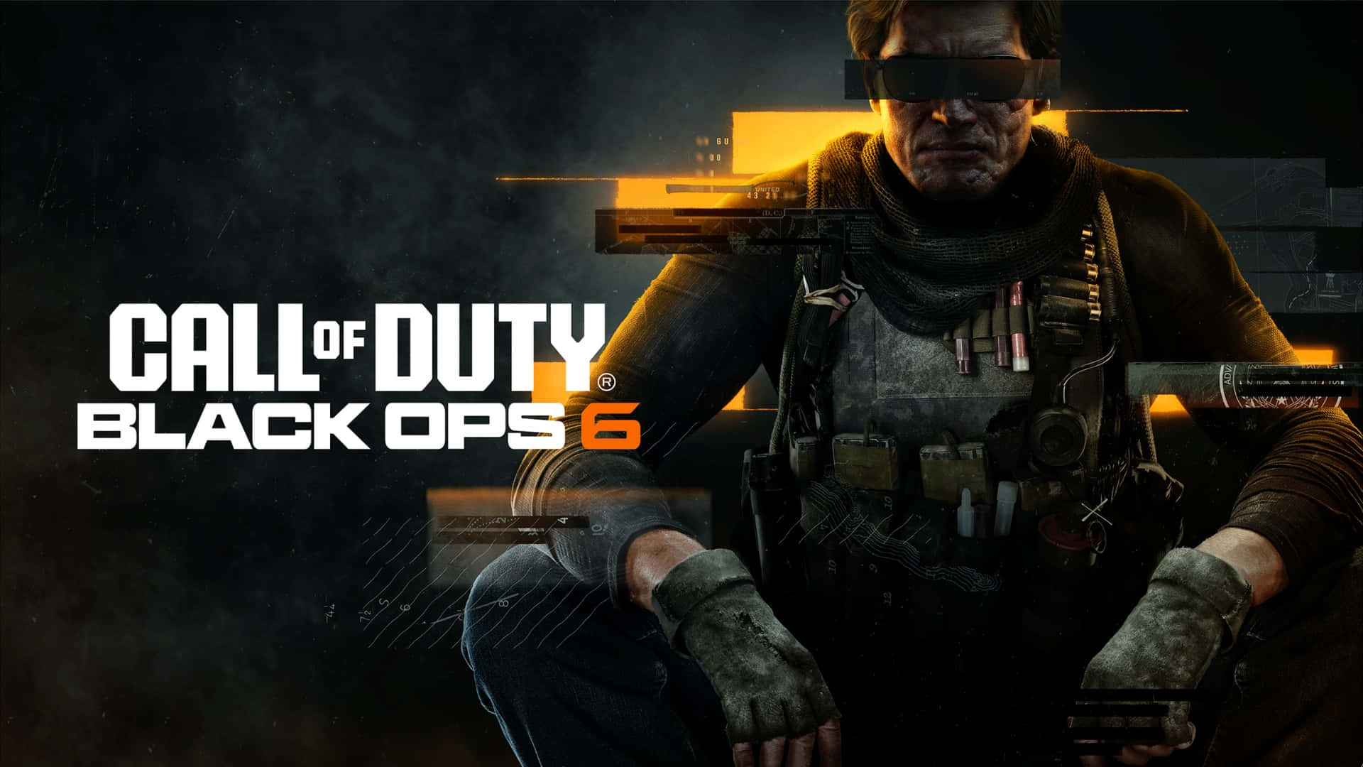  壁紙 — 一名身穿戰術裝備的粗獷士兵在橙色燈光下蹲伏，並帶有「Call of Duty Black Ops 6」文字。