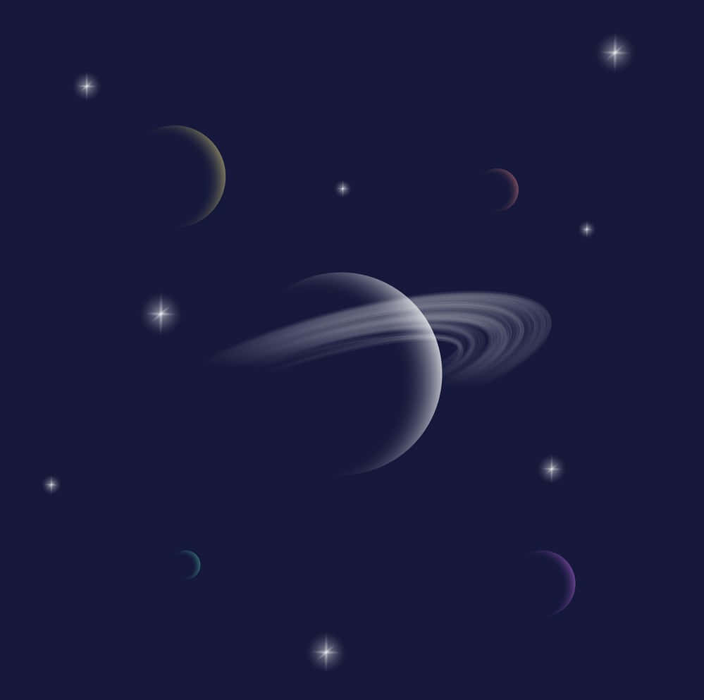 一個帶有光環的行星，在深空中擁有色彩繽紛的衛星和發光的星星。