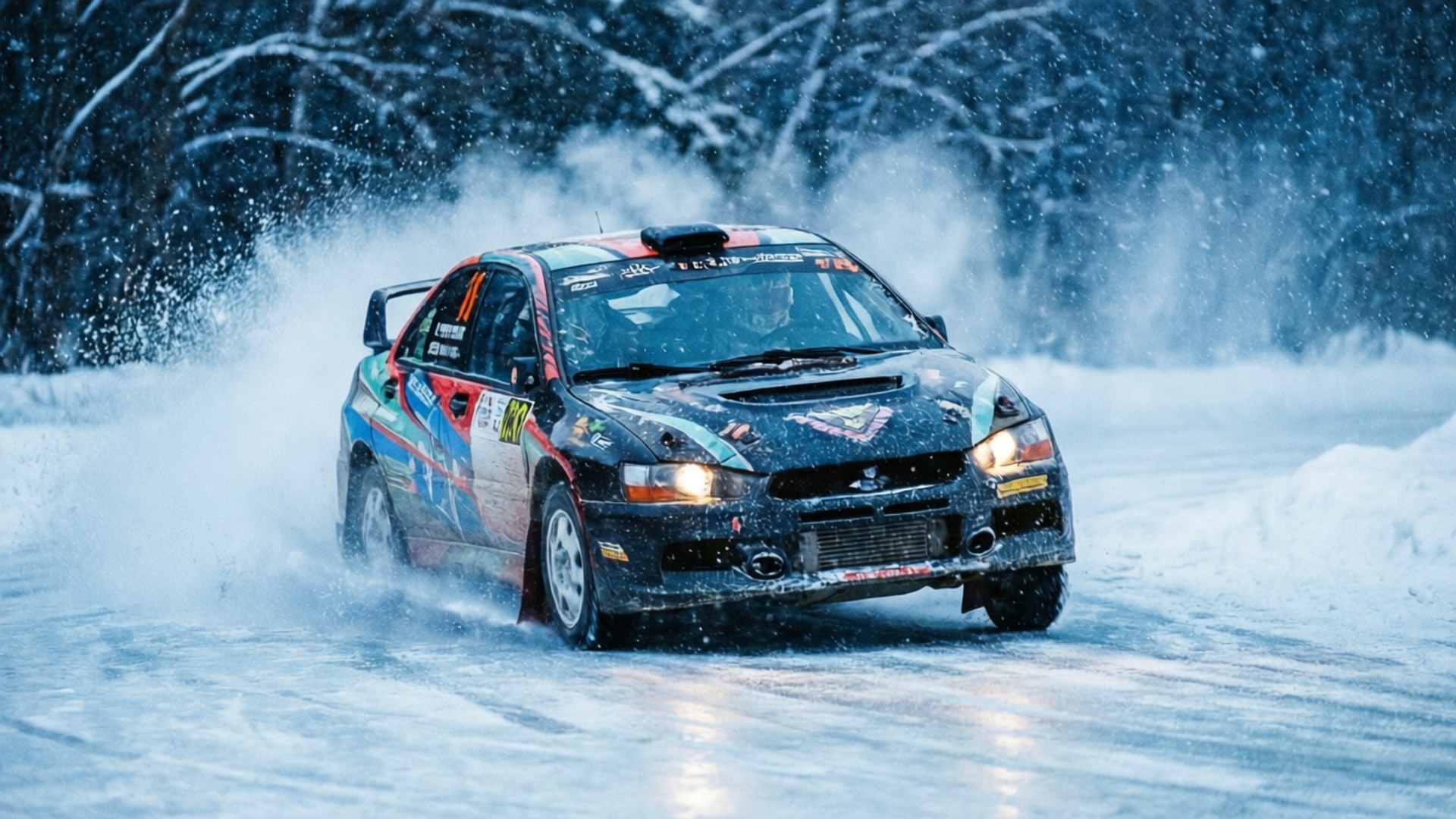 Snow Rally Drift 壁紙 — 一輛拉力賽車在雪地森林賽道上飛馳，在冬天激起雪和冰。