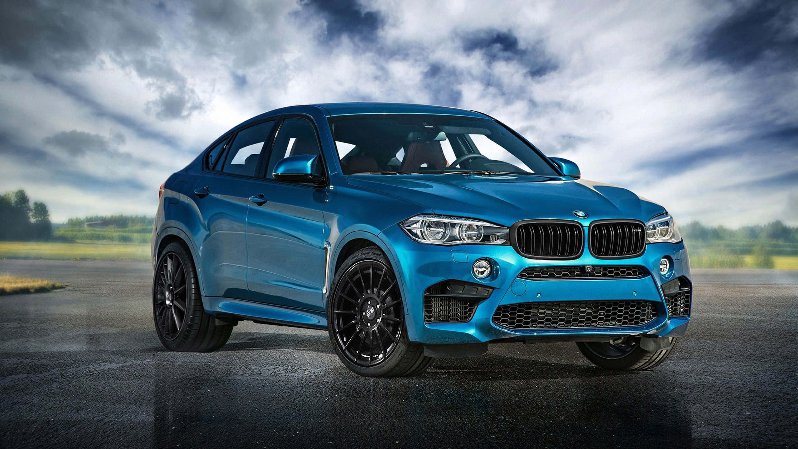 Bmw X6 桌布 壁紙 — 一輛搶眼的金屬藍色BMW X6 M停在濕漉漉的瀝青路上，天空烏雲密佈，氣氛戲劇化。