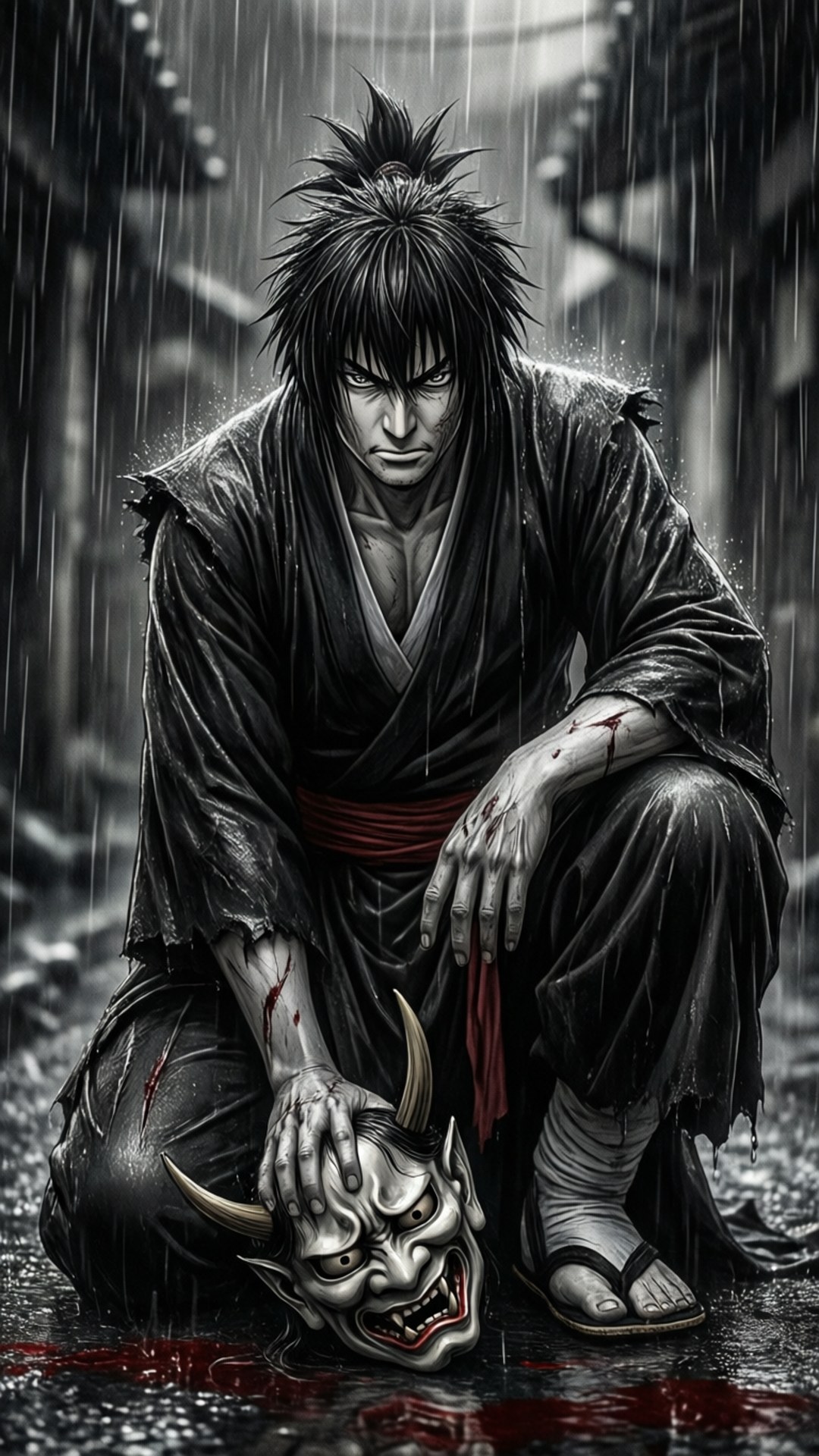 多羅羅 桌布 壁紙 — 一個陰沉的動漫武士跪在雨中，手持惡魔面具，血在他周圍的黑暗小巷中匯聚。