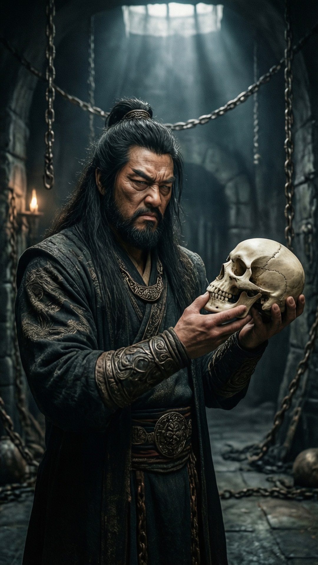 Mortal Kombat Shao Kahn 桌布 壁紙 — 一個身穿暗色長袍的陰沉戰士在地牢中手持人類頭骨，地牢僅由一個天窗和搖曳的火把照亮。