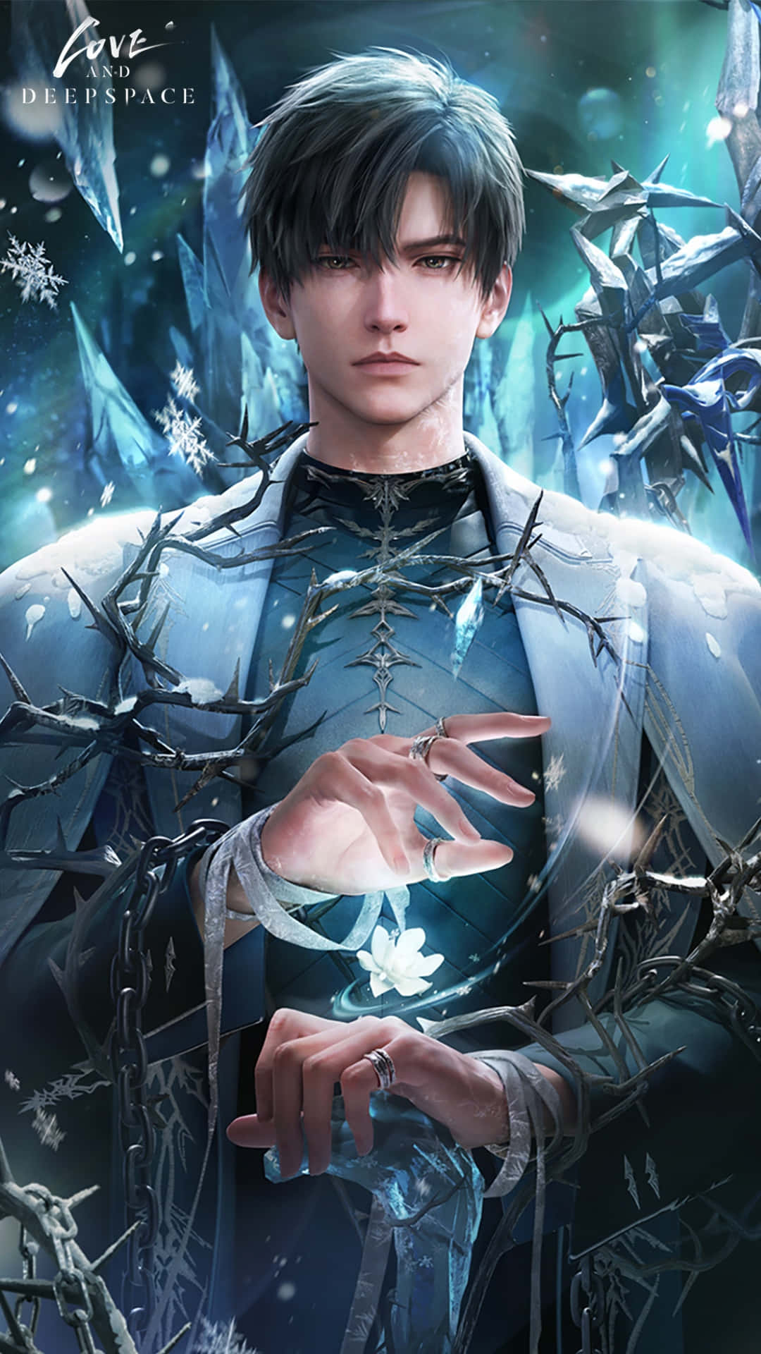  壁紙 — 一位銀髮的英俊動漫男子站在發光的藍色冰塊和帶刺的藤蔓中，手持一朵發光的白色花朵。