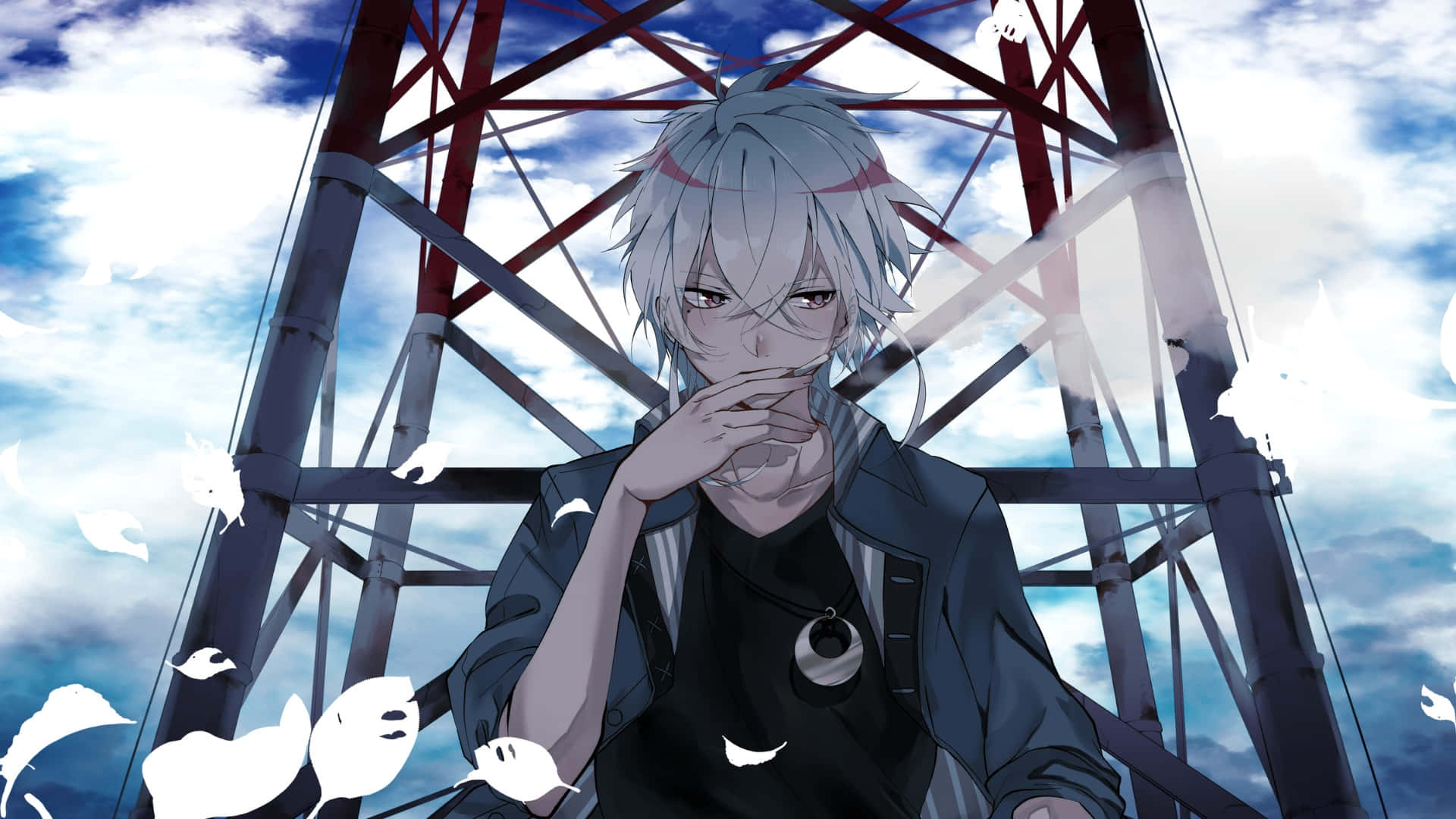  壁紙 — 一個銀髮動漫男孩穿著深色外套，在陰雲密布的天空下，站在紅色鋼塔前沉思，周圍漂浮著白色幽靈。
