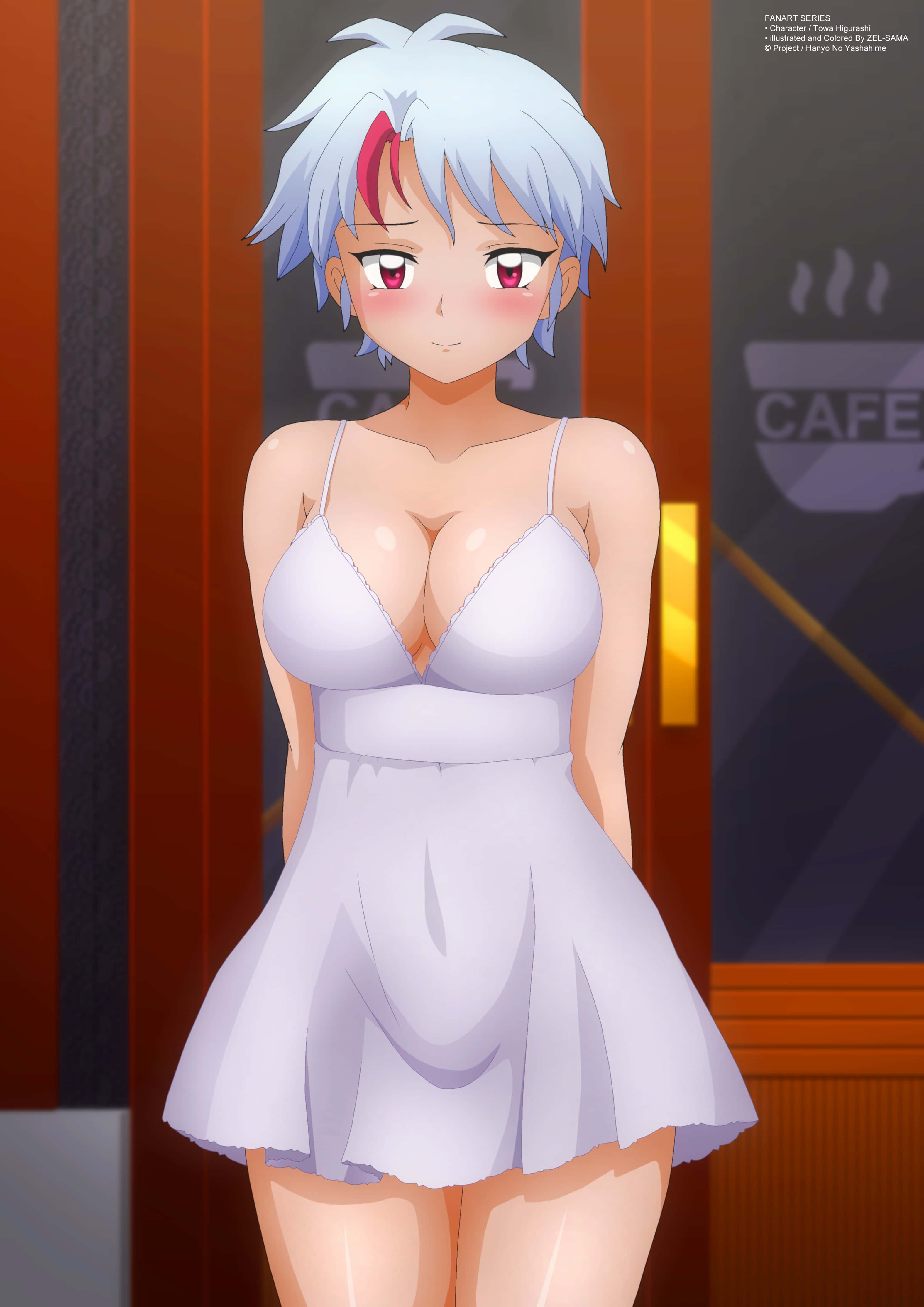 Towa Higurashi 桌布 壁紙 — 一位銀髮動漫女孩穿著白色連衣裙，站在溫暖燈光的咖啡館門口，有紅色牆壁和咖啡招牌。