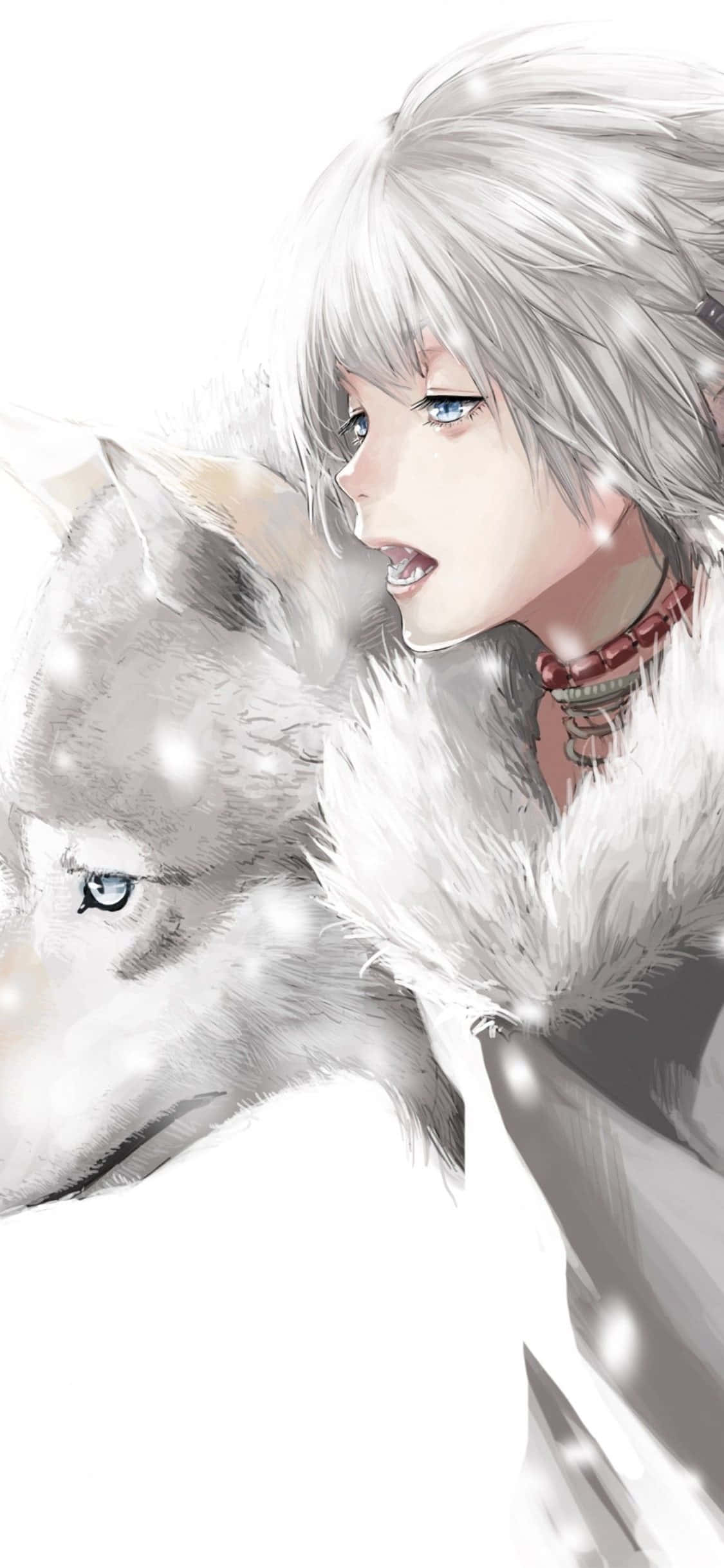 Wolf Children 桌布 壁紙 — 一位銀髮動漫女孩，藍色眼睛，溫柔地凝視著狼旁邊，雪花在他們周圍飄落，構成寧靜的冬日場景。