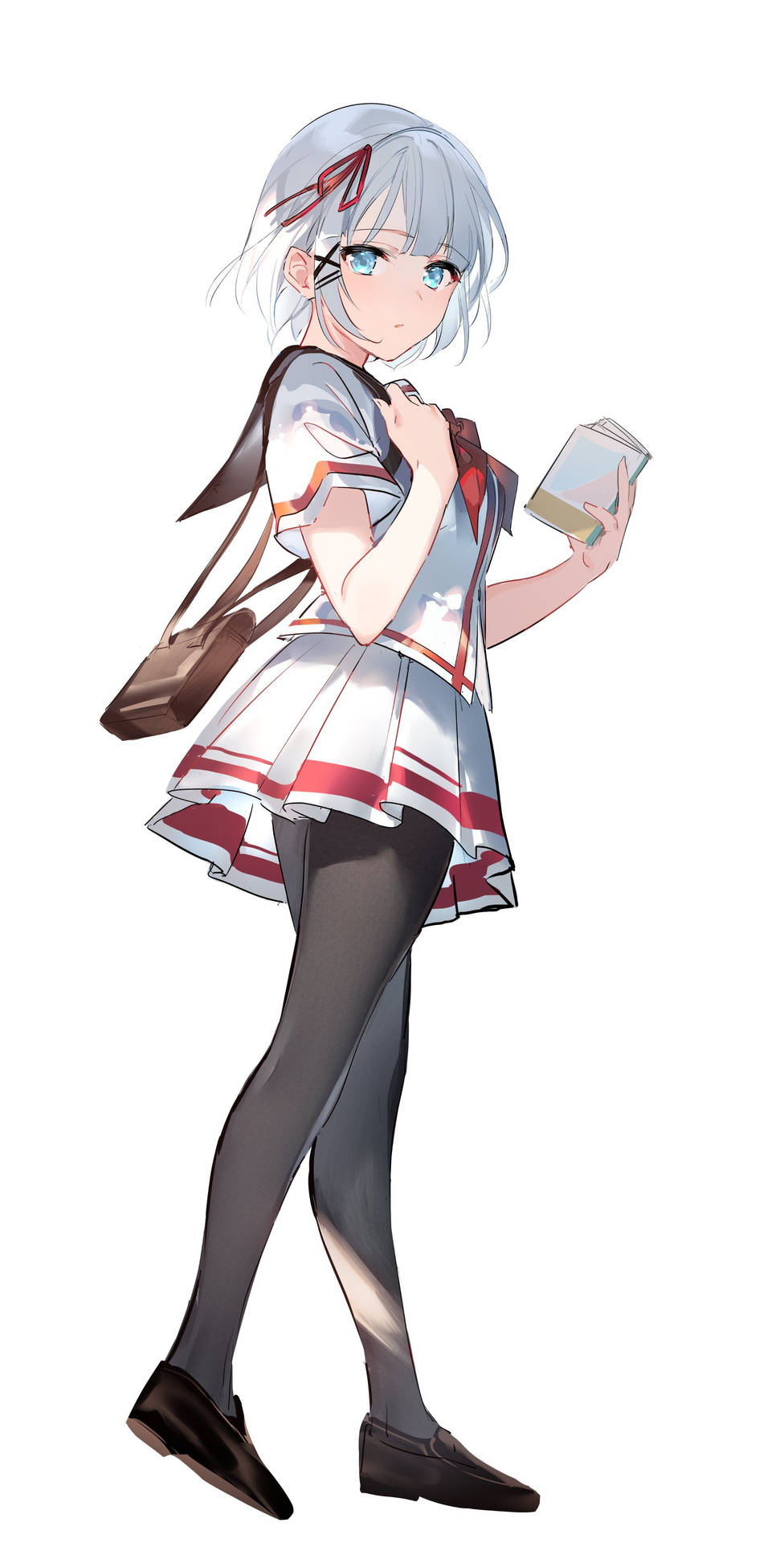 動漫少女穿校服拿書回頭看