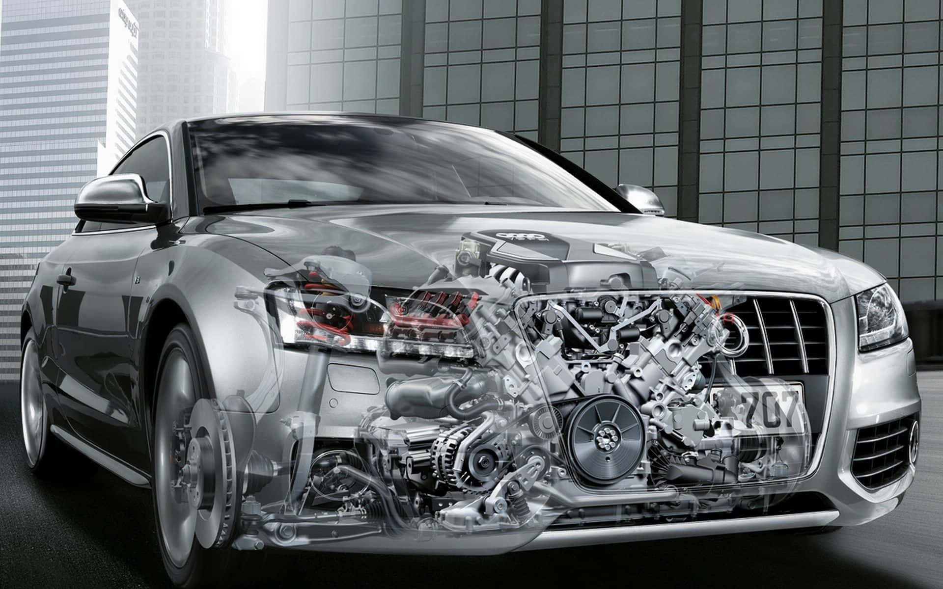 Audi S4 桌布 壁紙 — 一輛銀色跑車，配備透明引擎艙，在現代玻璃建築背景下展現複雜的機械部件。