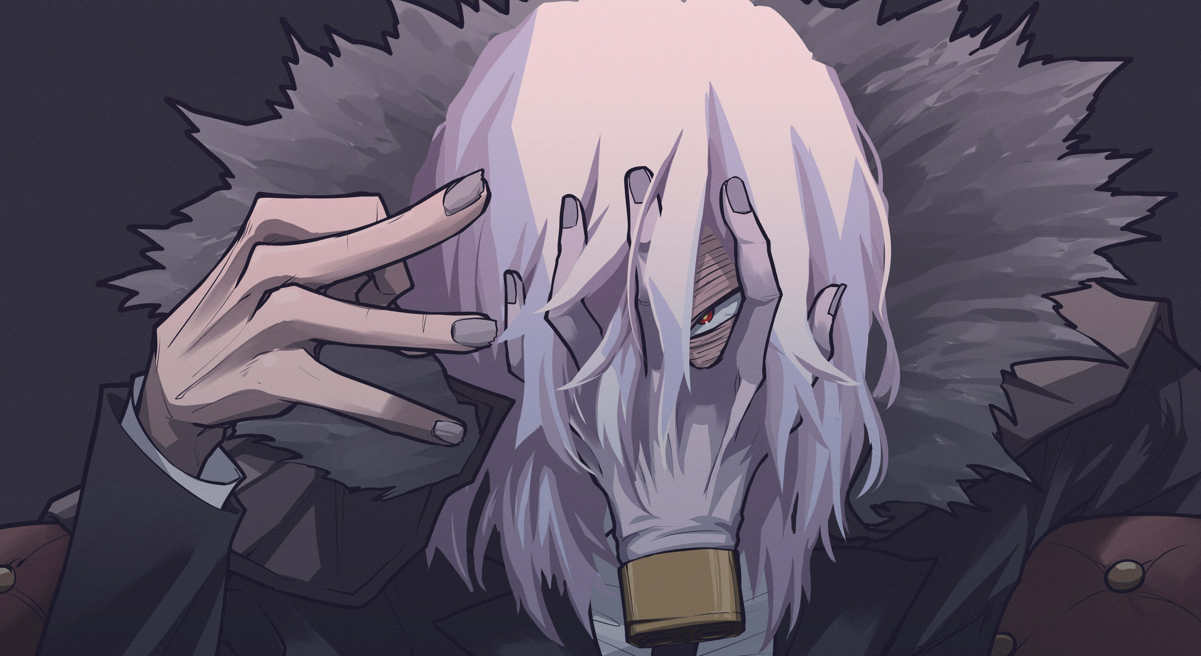 Tomura Shigaraki 桌布 壁紙 — 一個銀色頭髮、有一隻紅色眼睛的動漫角色，透過長髮窺視，雙手在黑暗背景前框住臉部。