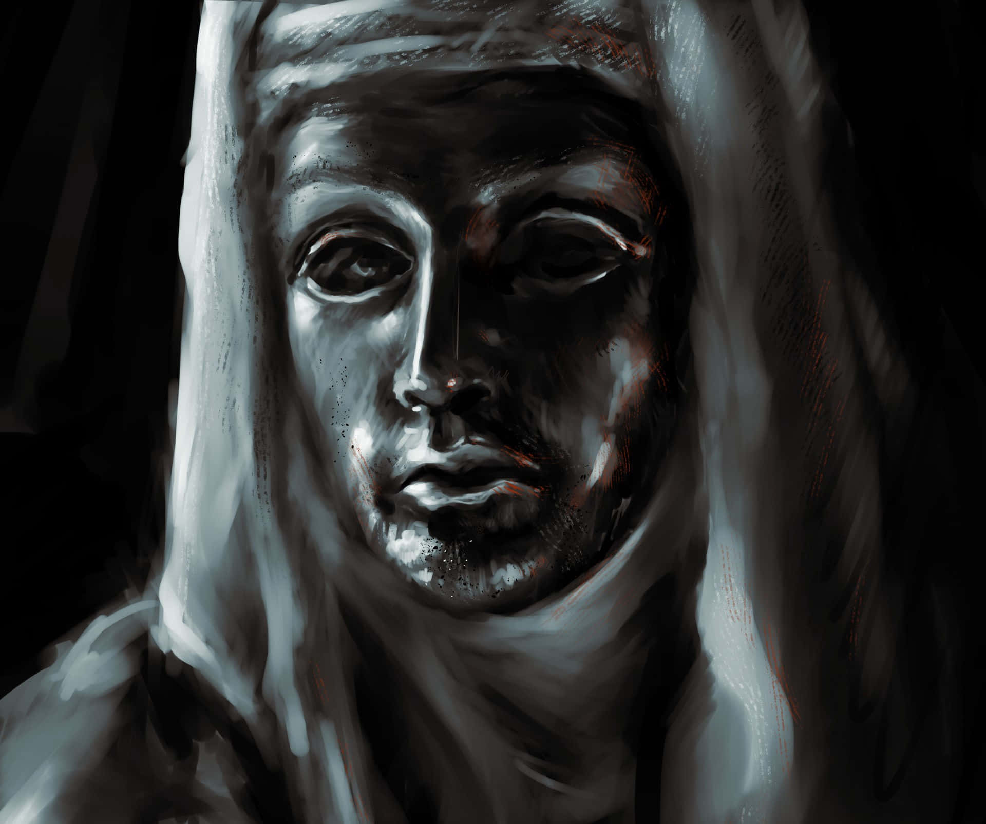  壁紙 — 一幅陰鬱的肖像畫，描繪一名戴著白色頭巾的男子，帶有戲劇性的明暗對比光影和紋理筆觸。
