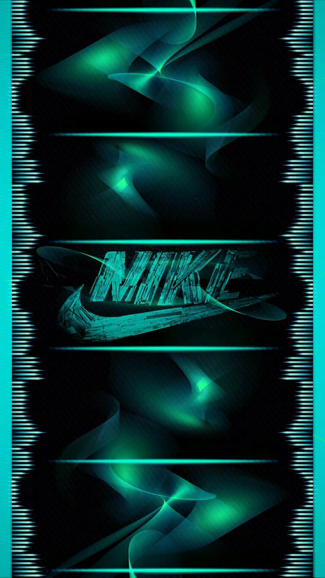 Blue Nike 桌布 壁紙 — 一個螢光青綠色的Nike標誌在黑暗抽象背景上發光，背景帶有流動的光條和垂直波浪圖案。