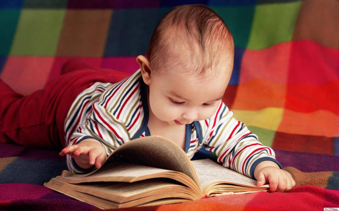 幼童床上讀書 壁紙 — 一個穿著條紋睡衣的嬰兒躺在色彩繽紛的格仔毯上，專心閱讀一本打開的書。