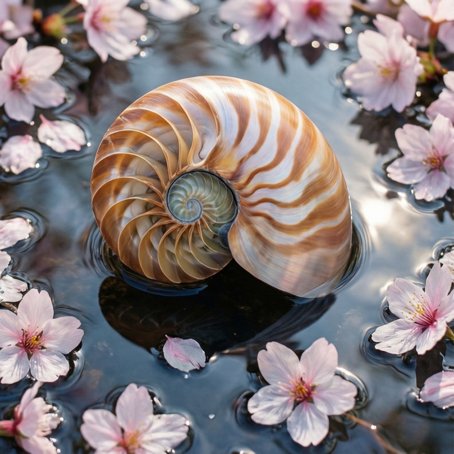 櫻花鸚鵡螺 壁紙 — 一個鸚鵡螺殼在黑暗的水面上靜靜漂浮，周圍環繞著精緻的粉紅色櫻花。