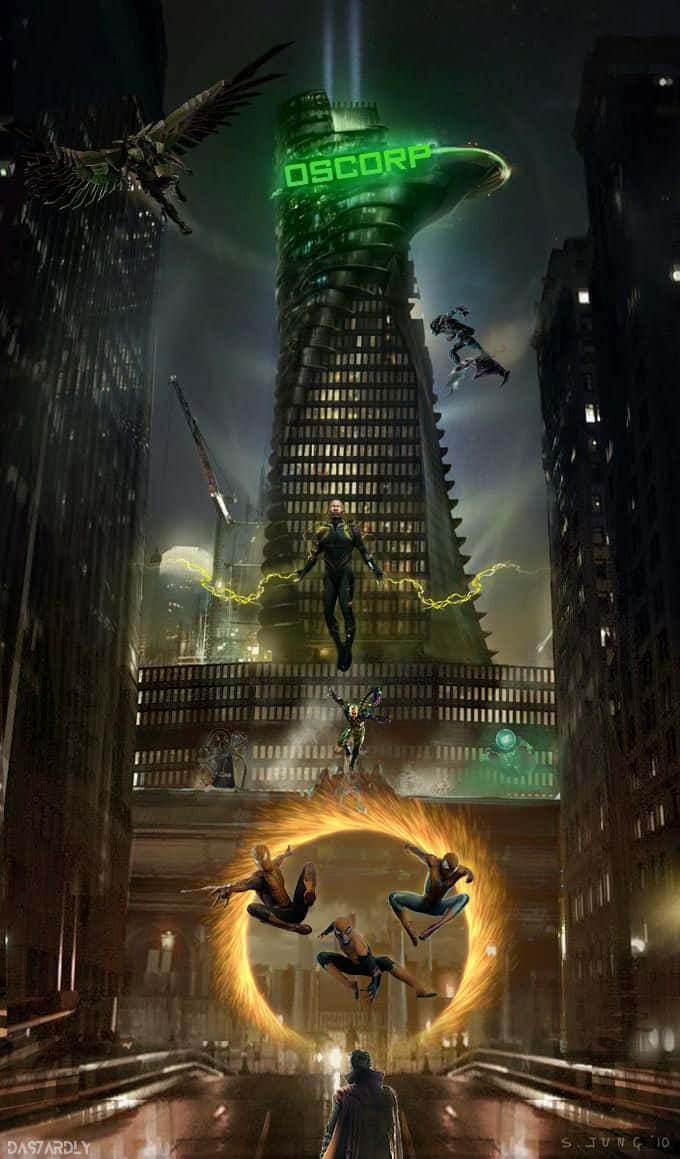  壁紙 — 英雄與反派在霓虹燈閃爍的城市景觀中碰撞，人物在發光的OsCorp大廈周圍空中飛翔。