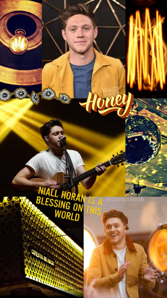  壁紙 — 一幅充滿活力的拼貼畫， featuring Niall Horan 彈結他、迪斯科球、金色燈光及專輯 'Honey' 的封面藝術。