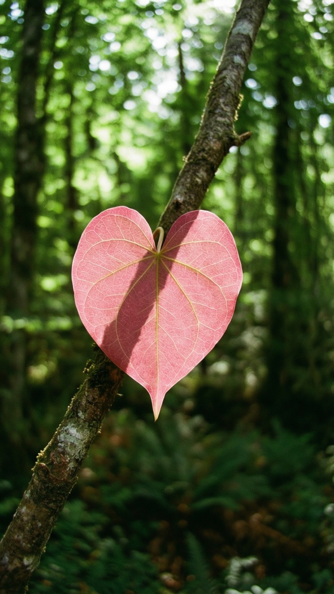 Nature Heart Leaf 壁紙 — 一片鮮豔的粉紅色心形葉子懸掛在陽光斑駁的森林中長滿苔蘚的樹枝上。