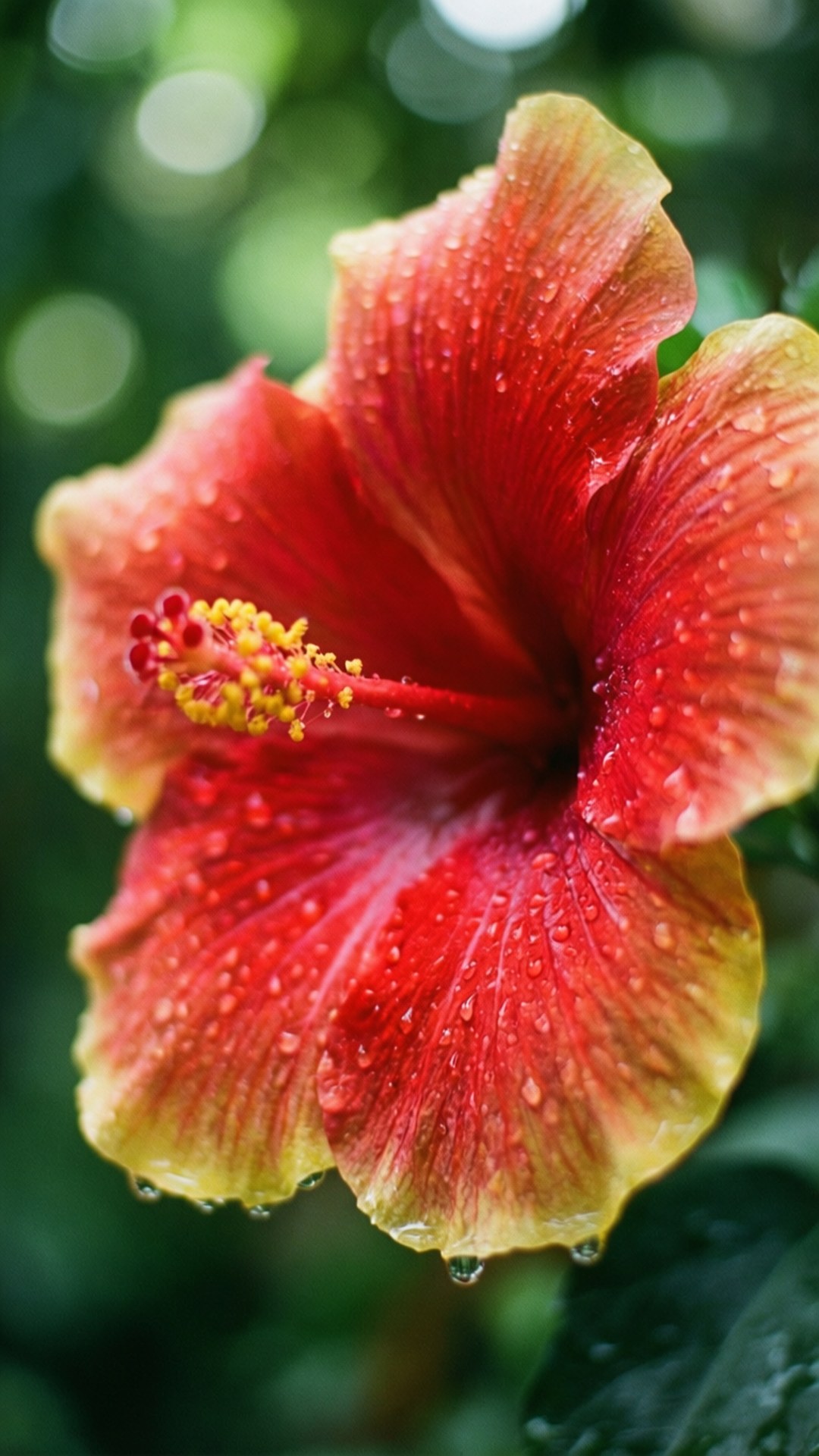 一朵紅色和黃色的芙蓉花，花瓣上有水滴。