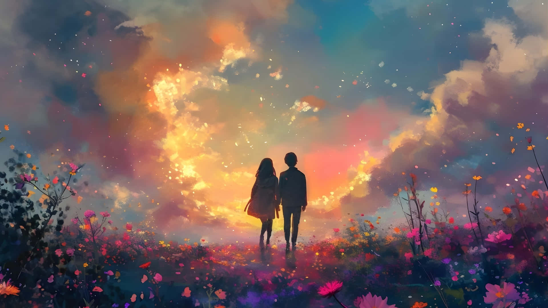  壁紙 — 一對情侶手牽手走過一片發光的花田，頭上是充滿旋轉雲彩和飄浮花瓣的鮮豔日落天空。