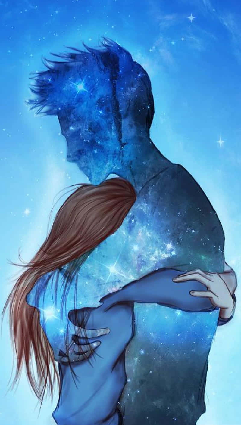  壁紙 — 一對情侶擁抱，他們的身體與一個充滿星星和宇宙塵埃的發光藍色星系融為一體。