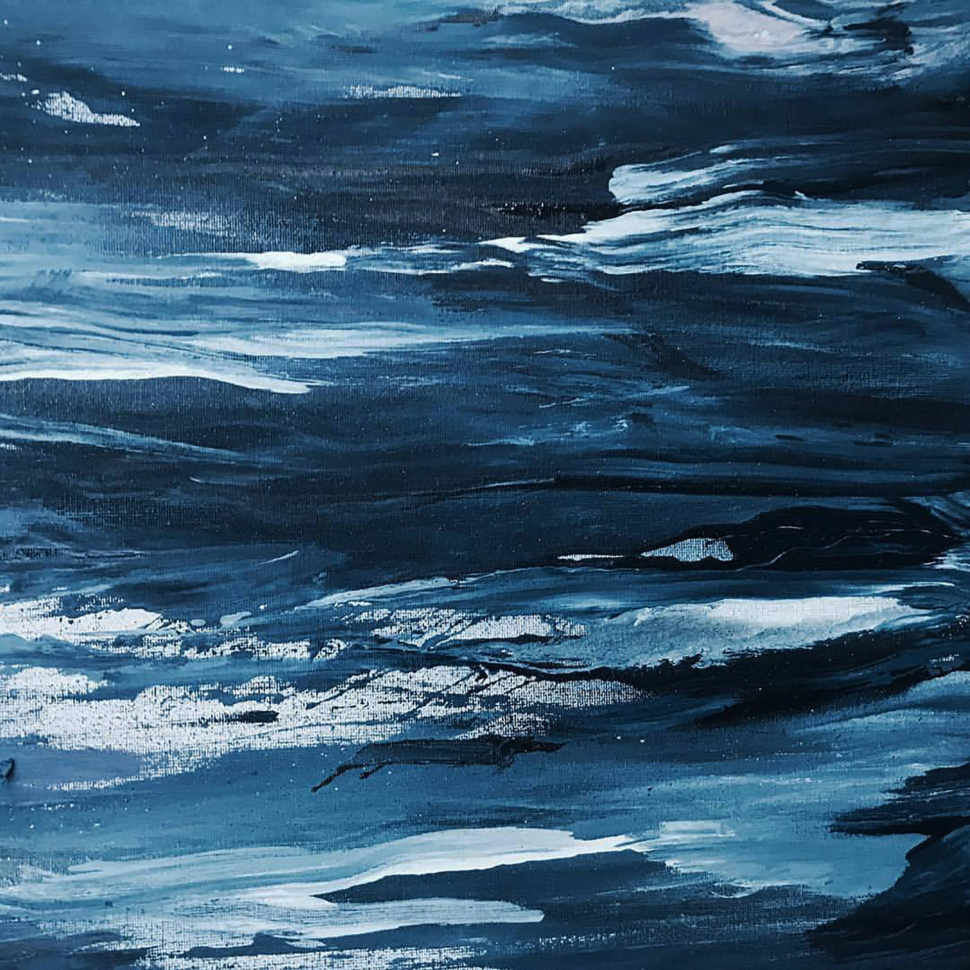 抽象海浪畫 壁紙 — 一幅帶有紋理的油畫，描繪深藍色和白色的洶湧海浪，可見筆觸。