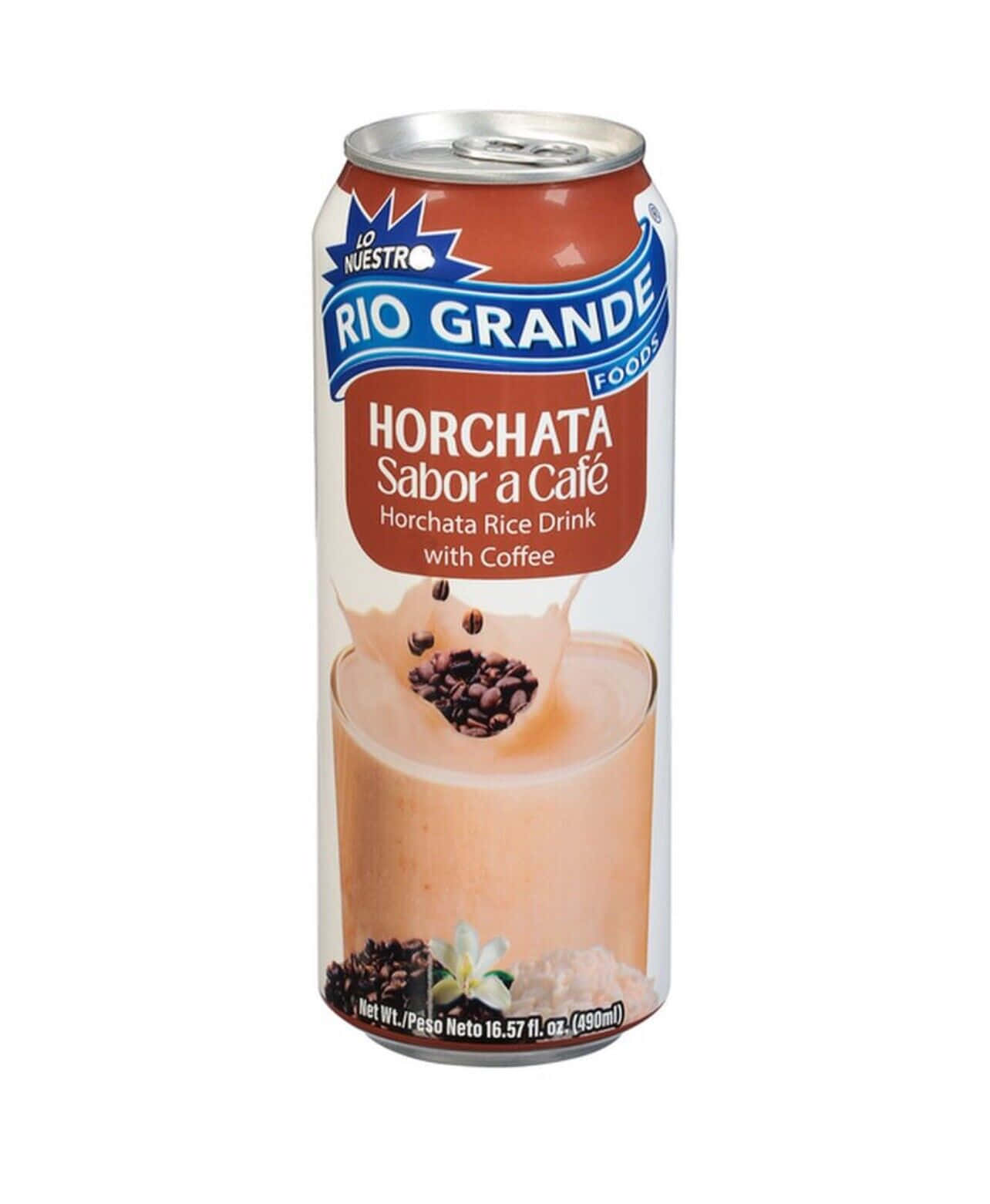  壁紙 — 一罐高身鋁罐 Rio Grande Horchata Sabor a Cafe 咖啡味，帶有奶油飲料插圖和咖啡豆。