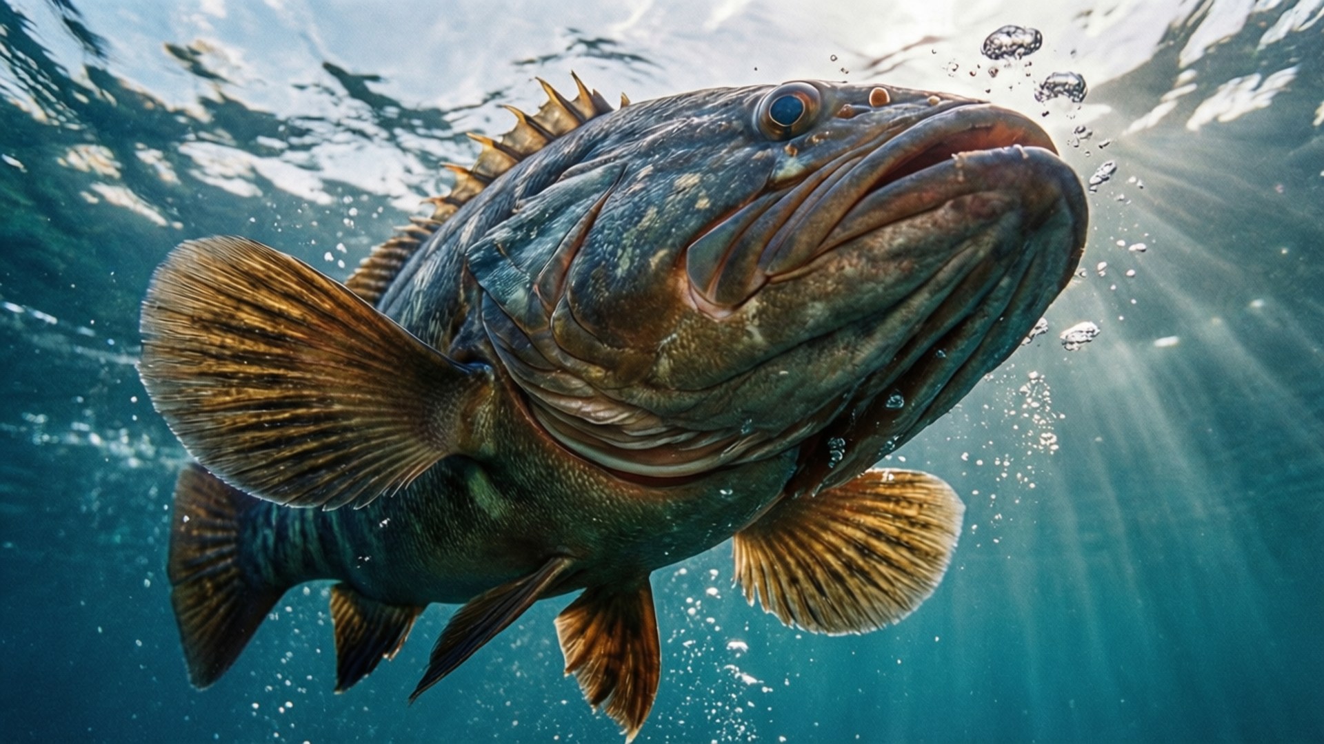 一條大魚在陽光穿透的水面附近游動。