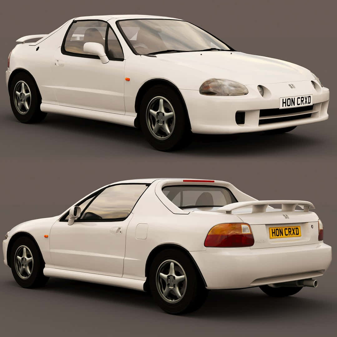 Honda Civic Del Sol 桌布 壁紙 — 一輛純白色的本田 CRX del Sol 從前後角度展示，背景為中性灰色工作室背景。