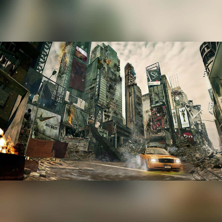 Godzilla City Destruction 桌布 壁紙 — 一輛黃色的士在廢墟般的城市峽谷中疾馳，摩天大樓倒塌，火焰在煙霧彌漫的天空下舔舐著瓦礫。