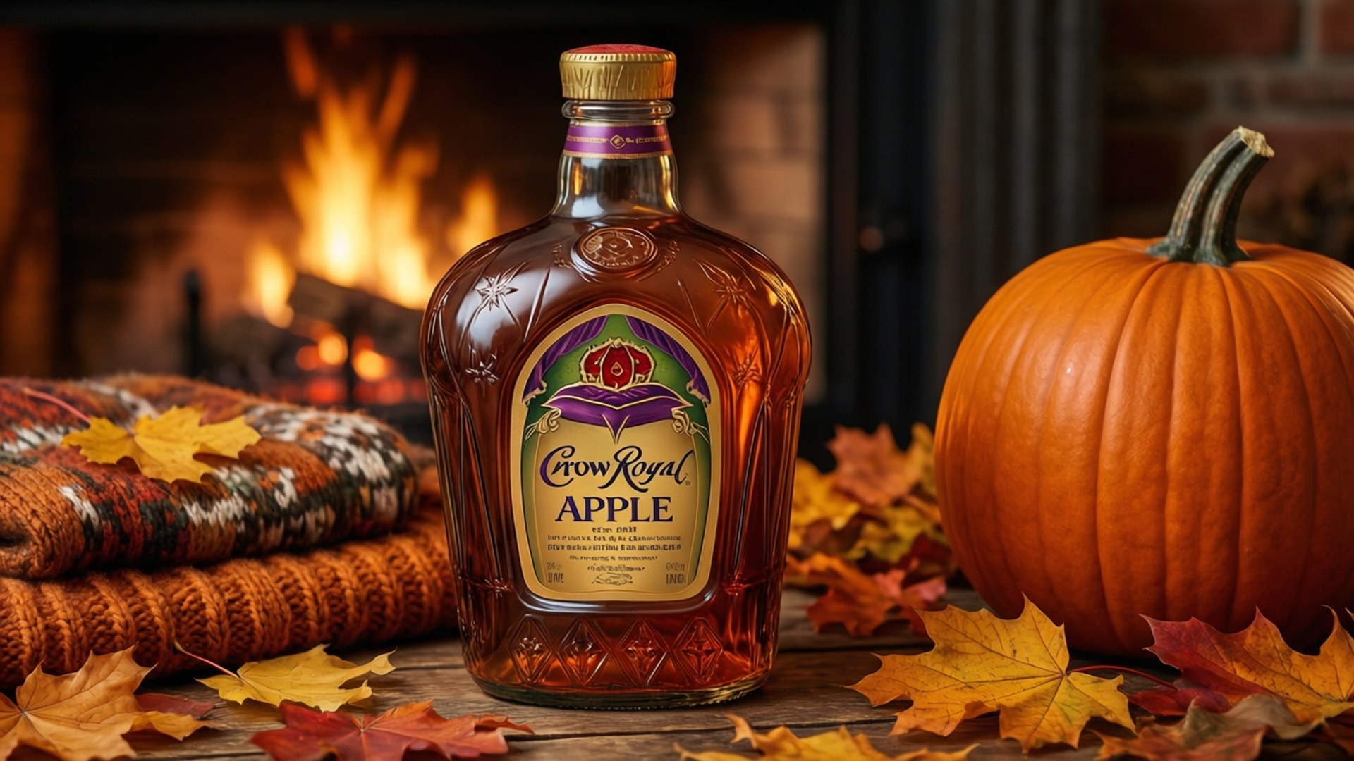 Crown Royal Apple 威士忌酒瓶與南瓜和秋葉放在壁爐旁。