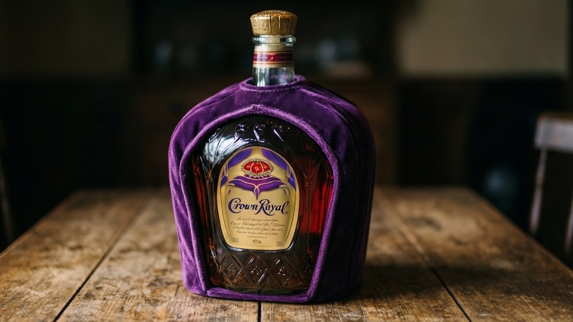 樸素皇家瓶 壁紙 — 一瓶 Crown Royal 威士忌酒，包裹在豪華紫色天鵝絨套中，放在質樸的木桌上。
