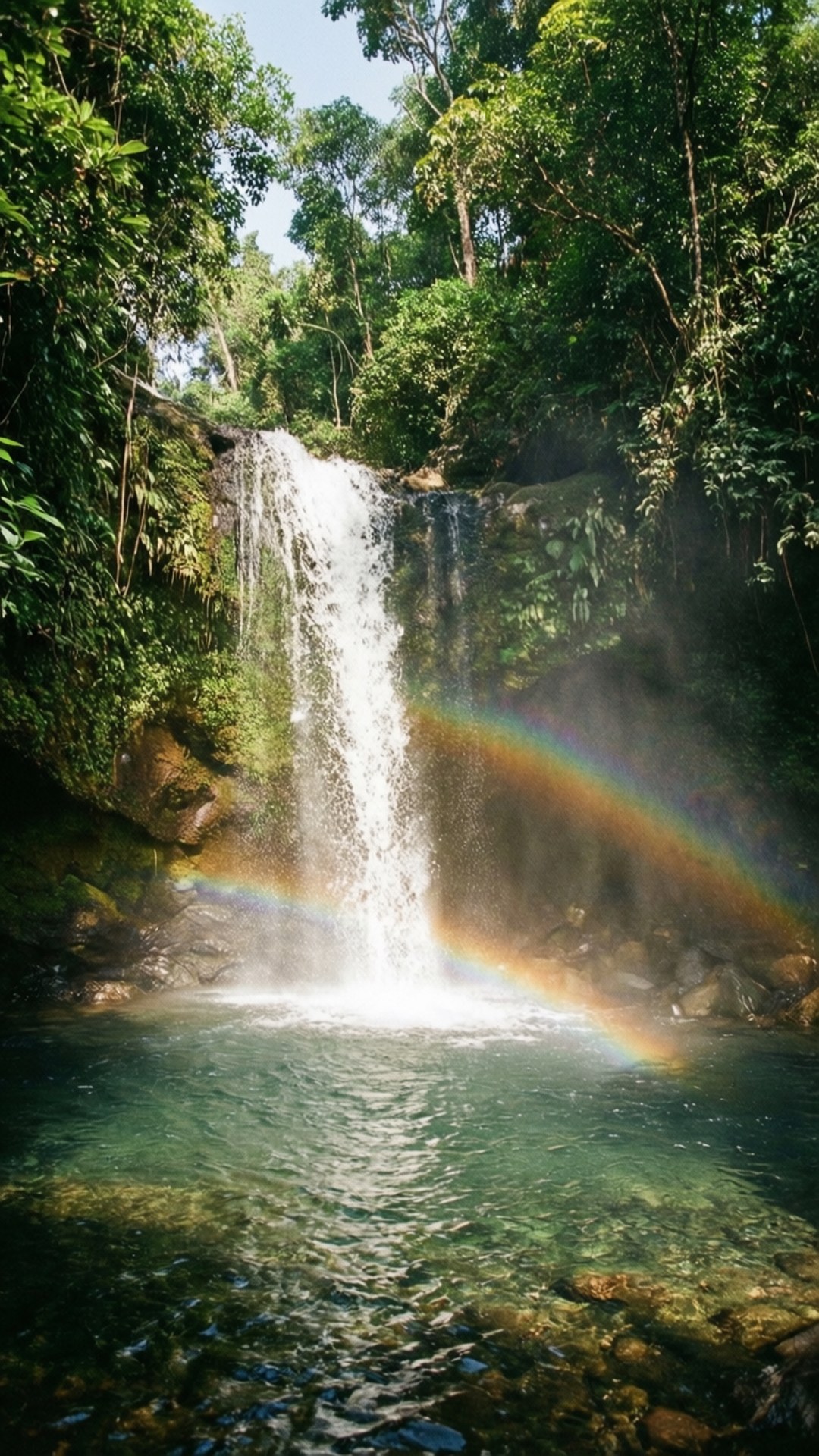 Rainbow Waterfall Serenity 壁紙 — 一條充滿活力的瀑布傾瀉入清澈的水潭，四周是茂密的綠色叢林，一道鮮豔的彩虹在薄霧中拱起。