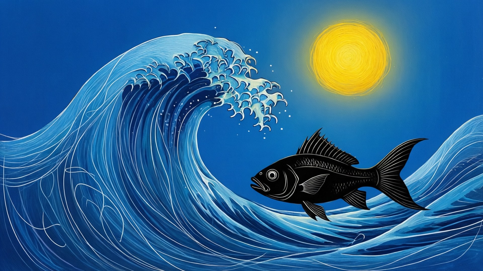 桌布 壁紙 — 一條大膽的黑魚在風格化的海洋場景中，在燦爛的黃色太陽下游過高聳的藍色波浪。