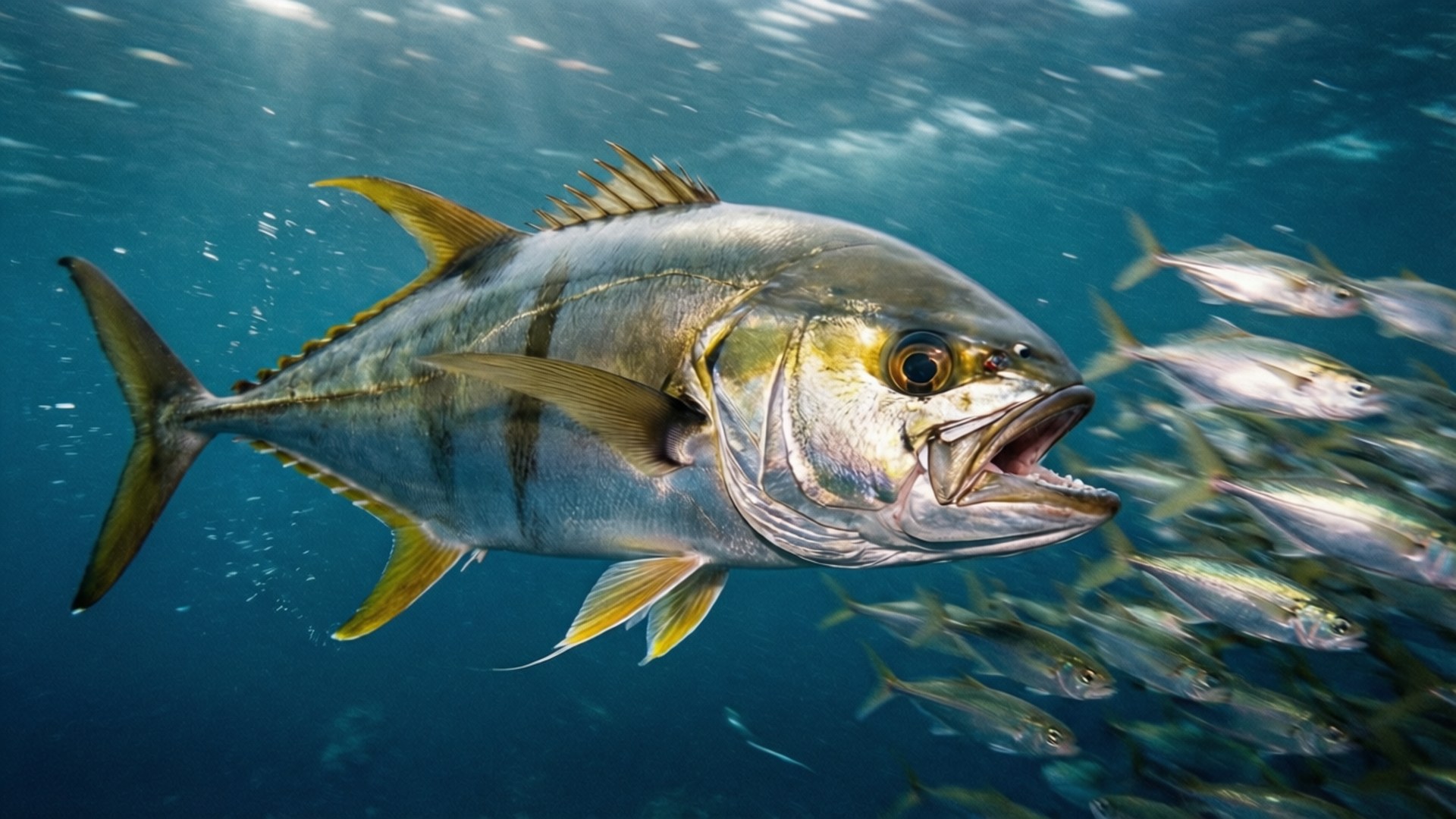 Greater Amberjack 桌布 壁紙 — 一條大型黃鰭吞拿魚在清澈的藍色海水中強而有力地游動，周圍有一群小魚穿梭。