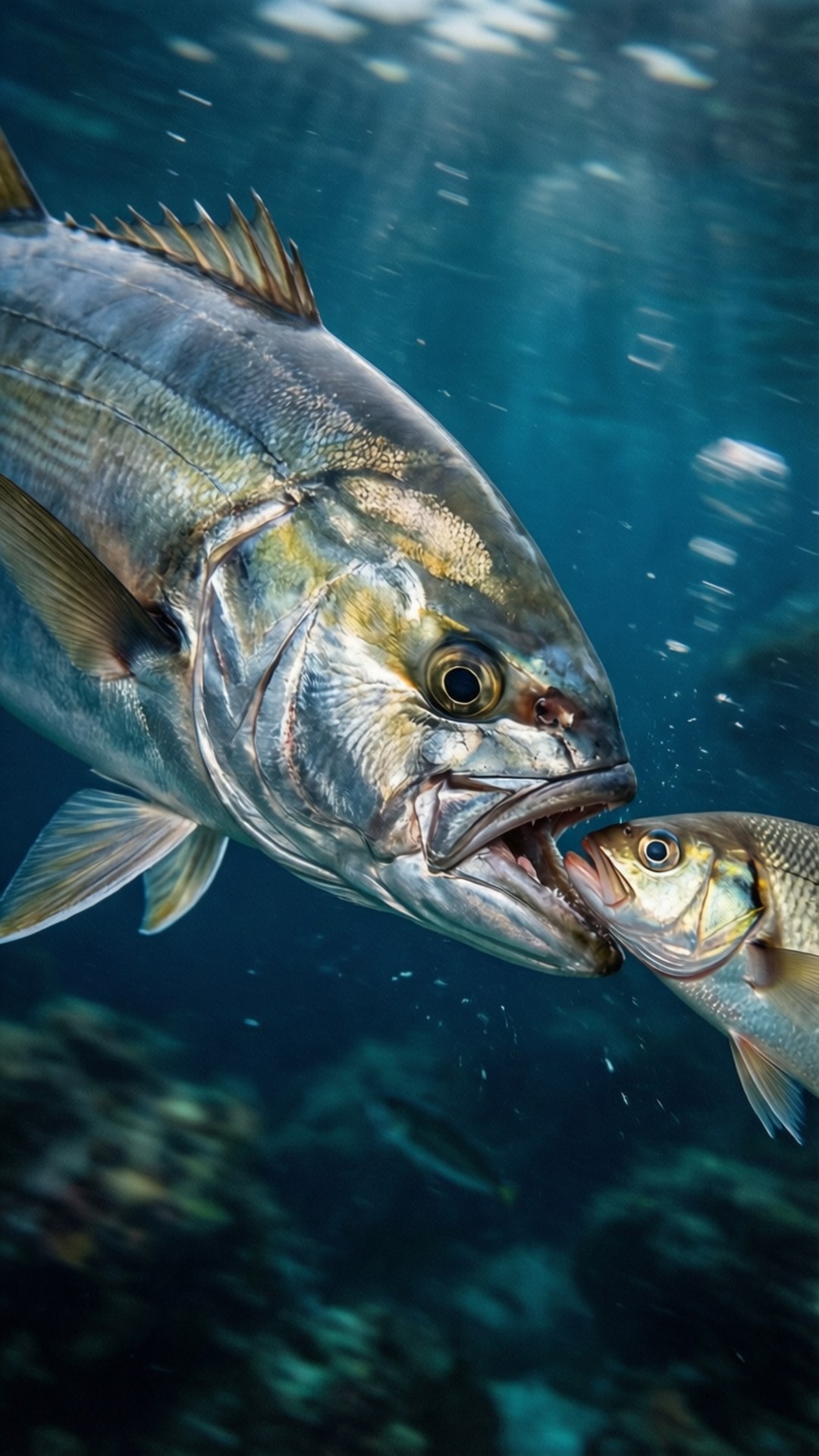 掠食魚類在藍色海洋中攻擊較小的魚