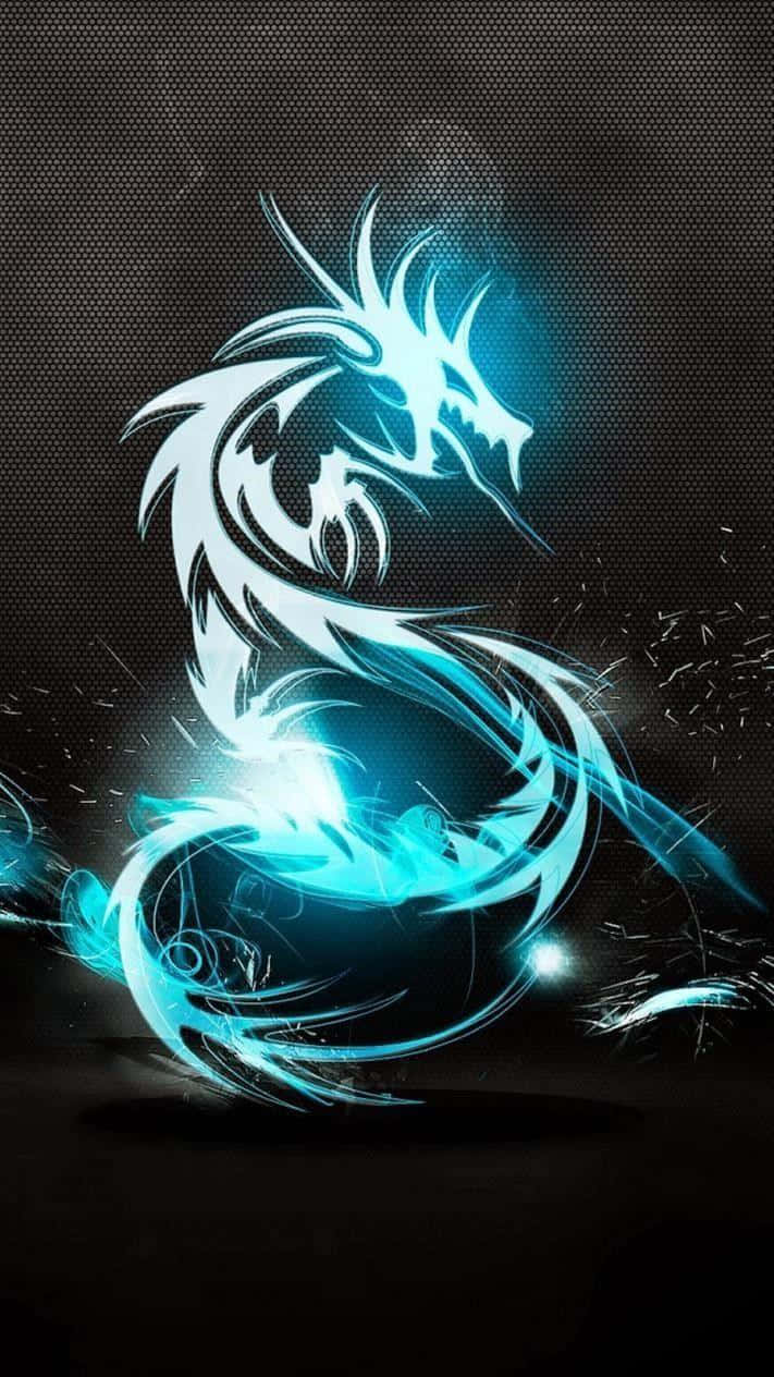 發光藍色龍，白色輪廓，深色紋理背景