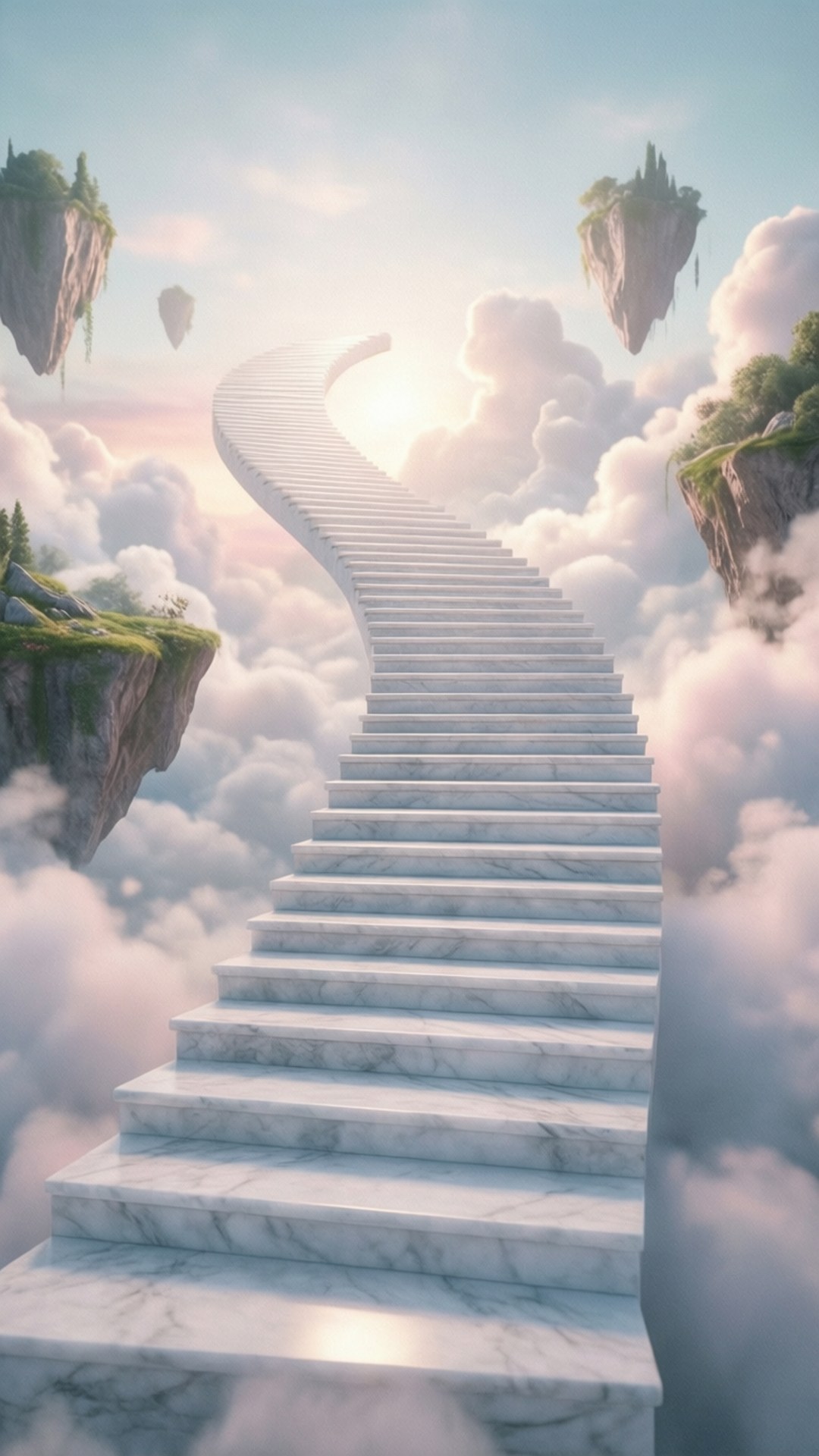 一條大理石樓梯在浮島之間的雲層中升起，朝向日出。