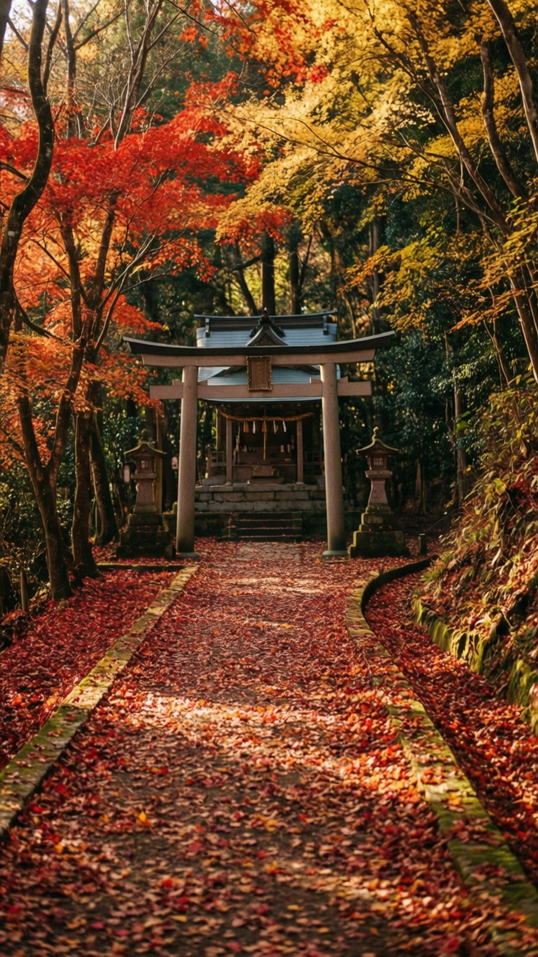 一條鋪滿紅橙色樹葉的石徑，在日落時分通往森林中的木製鳥居。