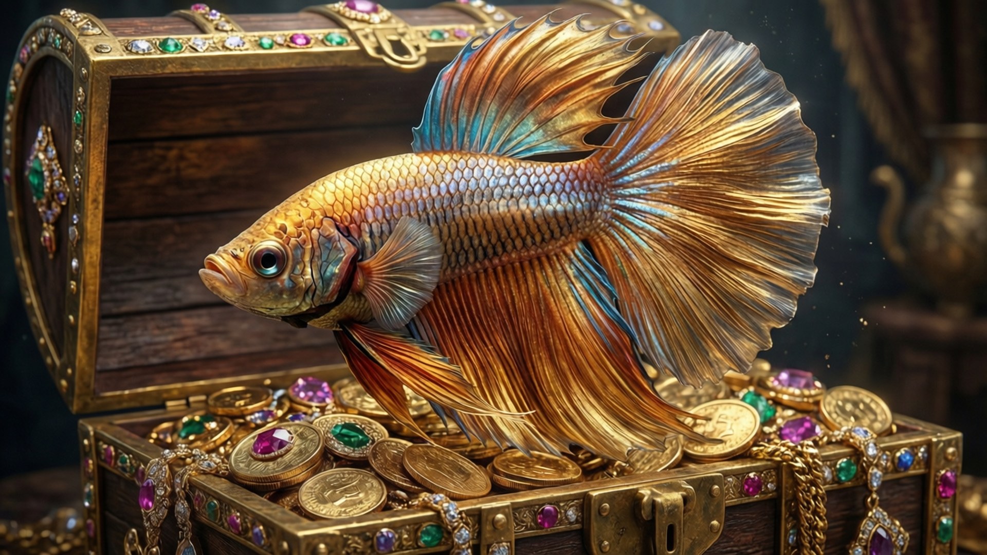 betta 桌布 壁紙 — 一條閃閃發光的鬥魚，帶有金色和藍色的魚鰭，棲息在一個鑲滿珠寶的寶箱上，箱子裡裝滿了金幣和寶石。