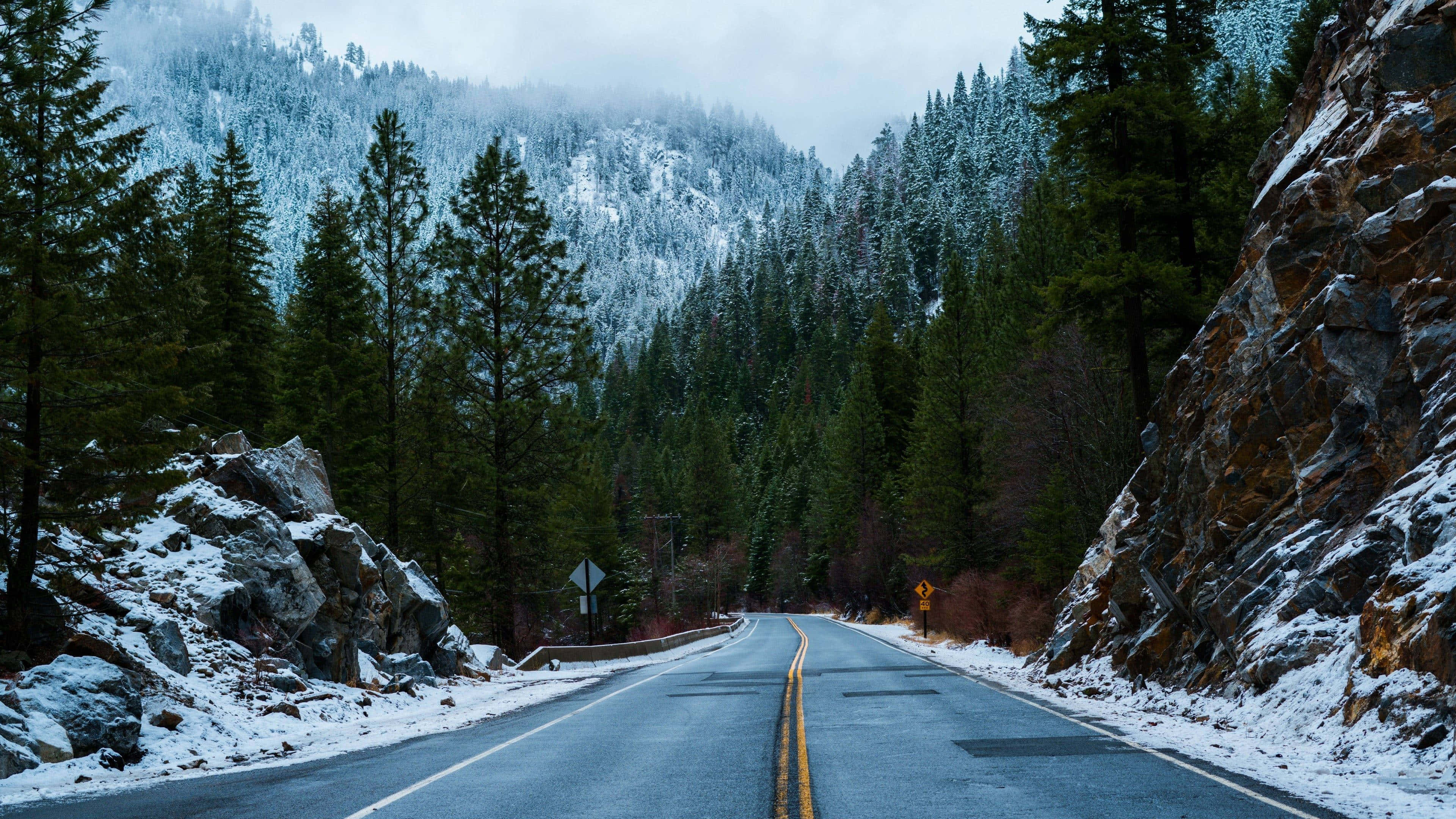 Snowy Road 桌布 壁紙 — 一條蜿蜒的道路穿過白雪覆蓋的森林山谷，天空多雲。
