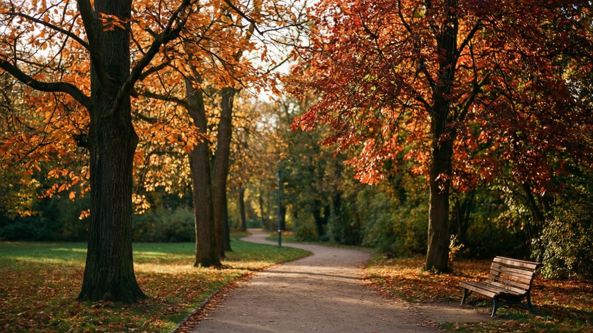 Nijmegen 桌布 壁紙 — 一條蜿蜒的小徑穿過秋日公園，兩旁樹木燃燒著橙色和紅色的葉子，還有一張木製長椅邀請您休息。